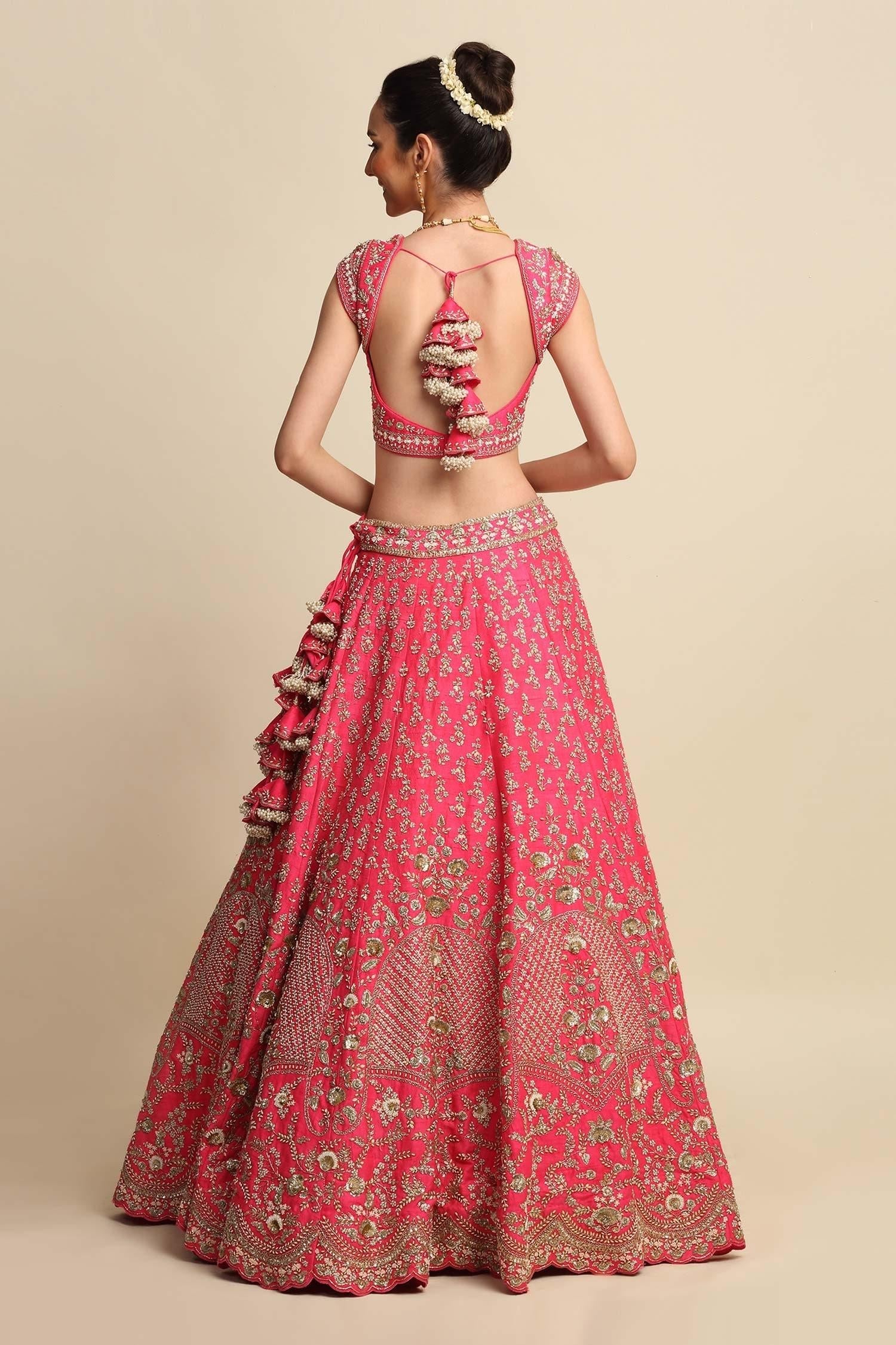 Pink Raw Silk, Net Floral Motifs, Dabka Work, Embroidered Bridal Lehenga Set - Designer Kurta Set
