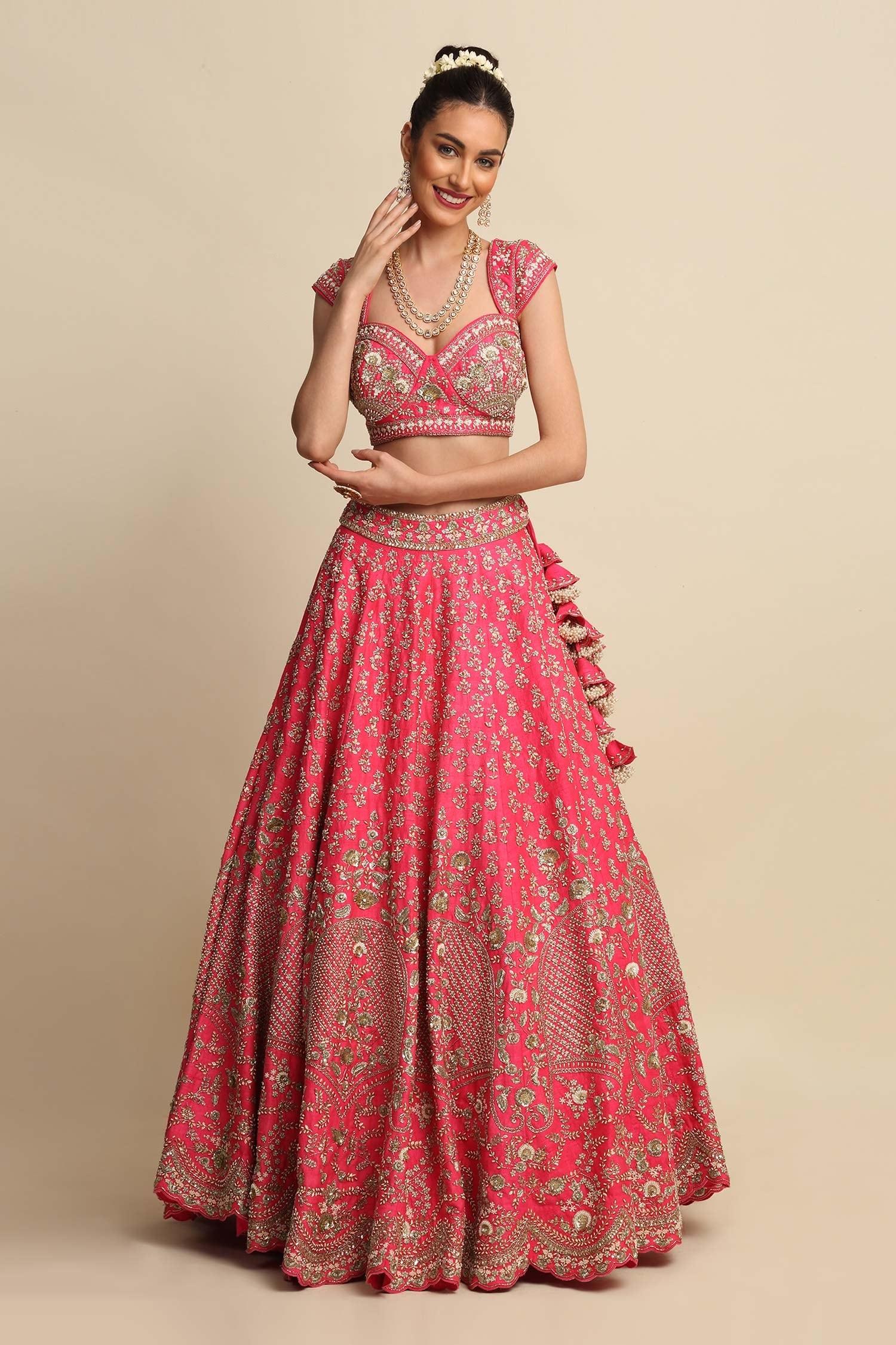 Pink Raw Silk, Net Floral Motifs, Dabka Work, Embroidered Bridal Lehenga Set - Designer Kurta Set