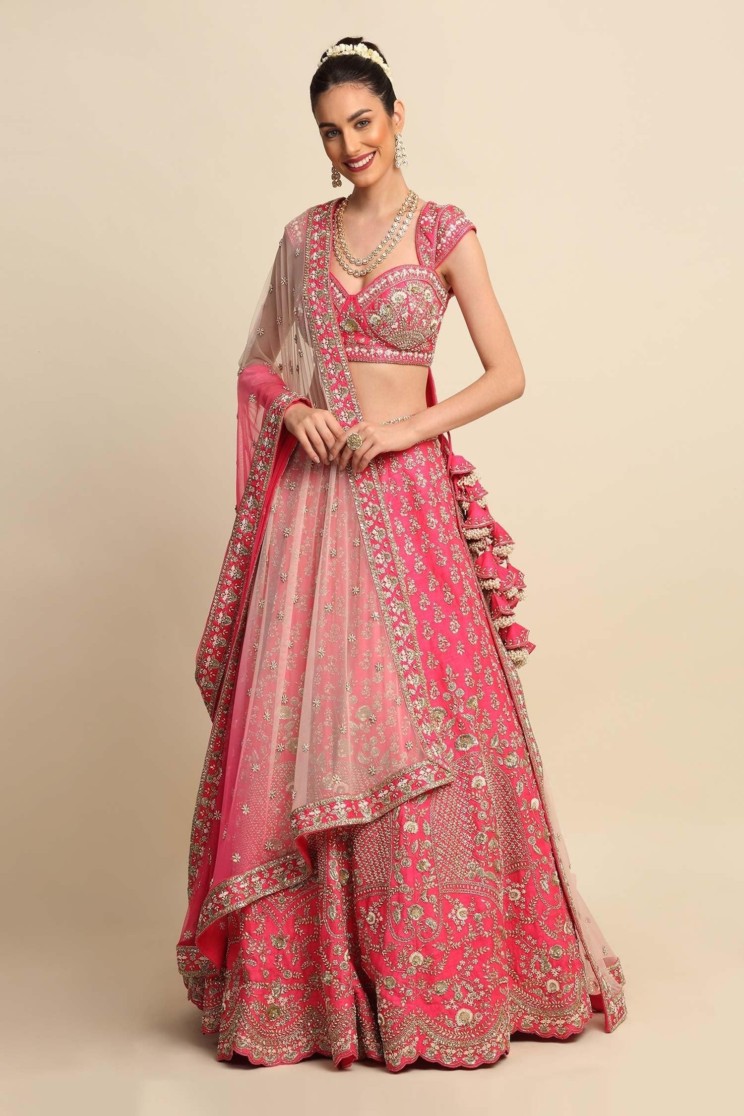 Pink Raw Silk, Net Floral Motifs, Dabka Work, Embroidered Bridal Lehenga Set - Designer Kurta Set