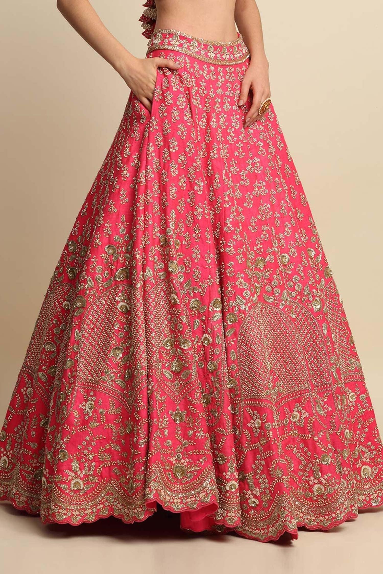 Pink Raw Silk, Net Floral Motifs, Dabka Work, Embroidered Bridal Lehenga Set - Designer Kurta Set