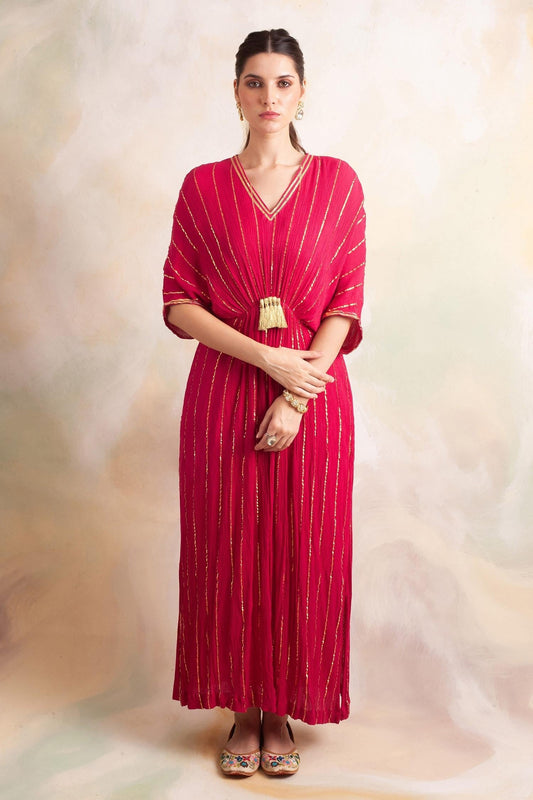 Pink Rayon Crepe Striped V Neck Kaftan - Designer Kurta Set