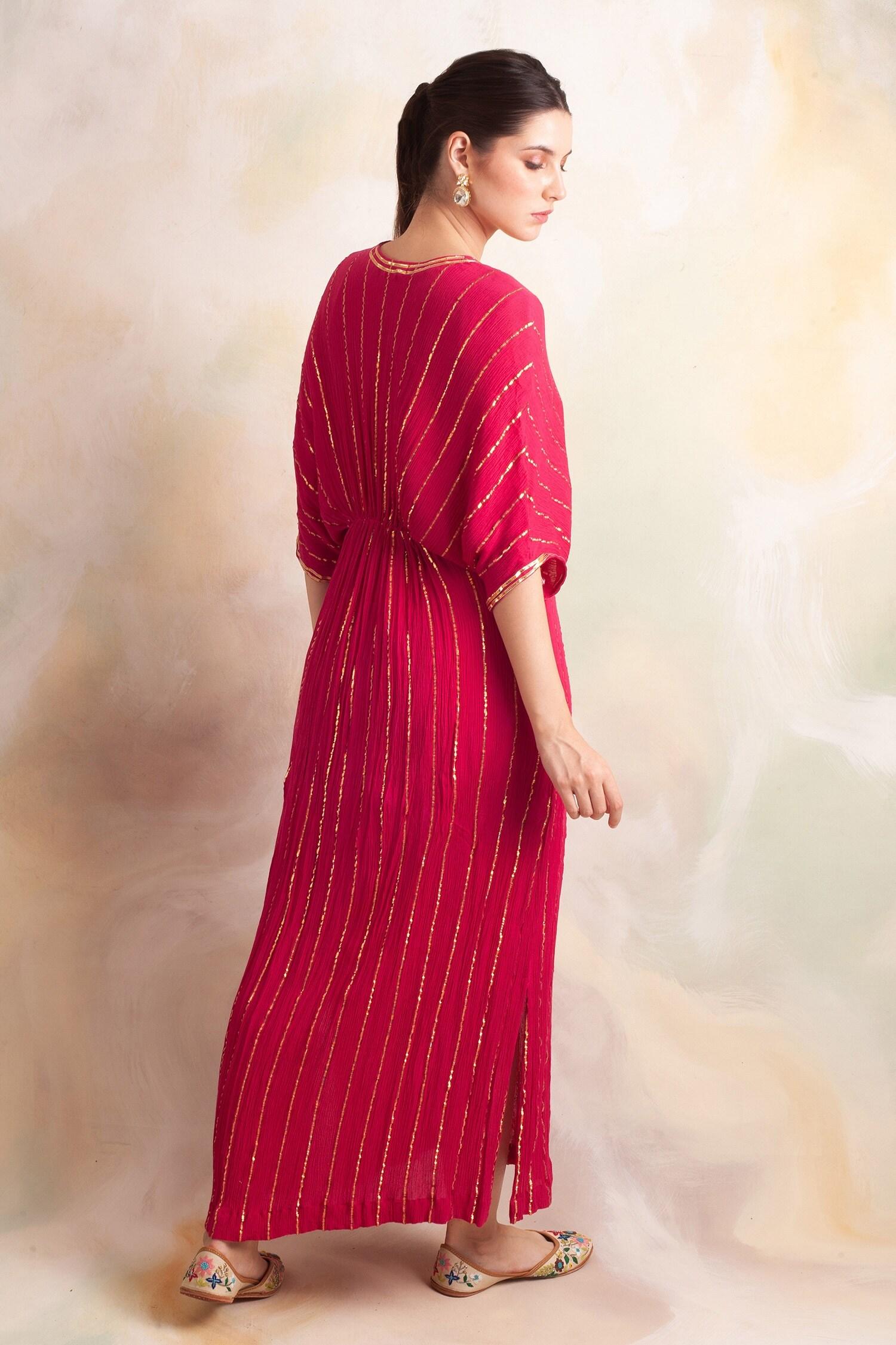Pink Rayon Crepe Striped V Neck Kaftan - Designer Kurta Set