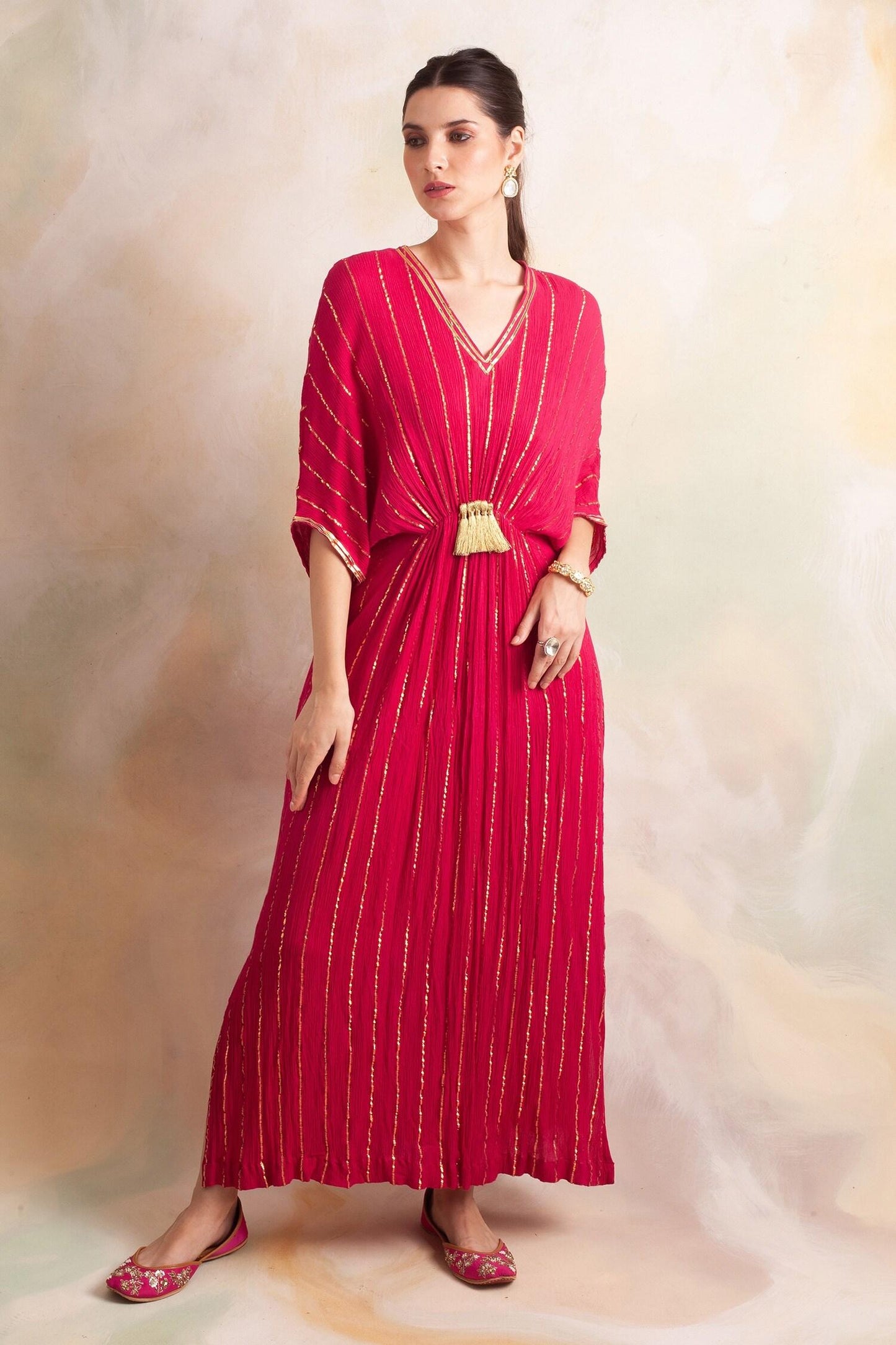 Pink Rayon Crepe Striped V Neck Kaftan - Designer Kurta Set