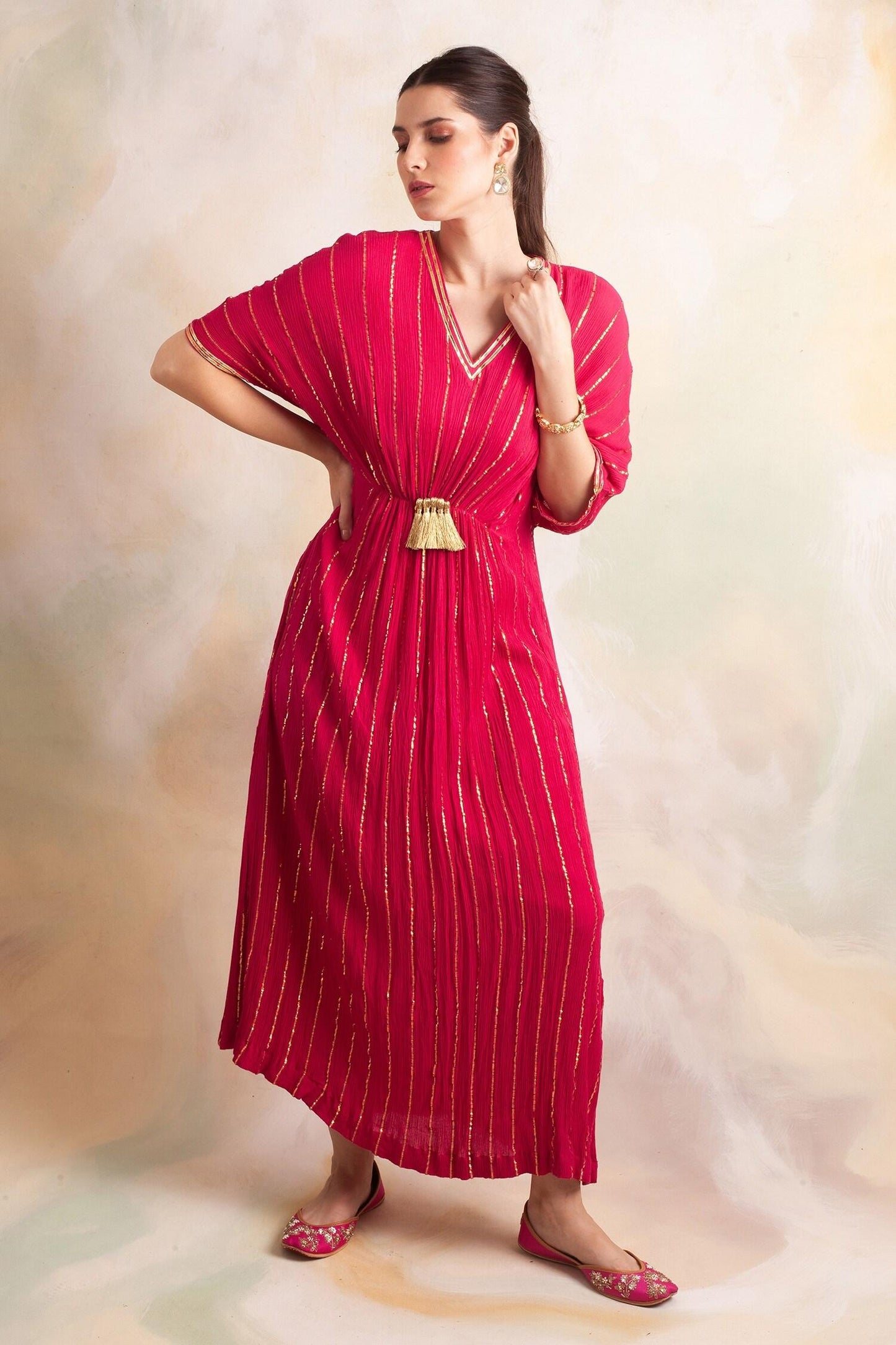 Pink Rayon Crepe Striped V Neck Kaftan - Designer Kurta Set