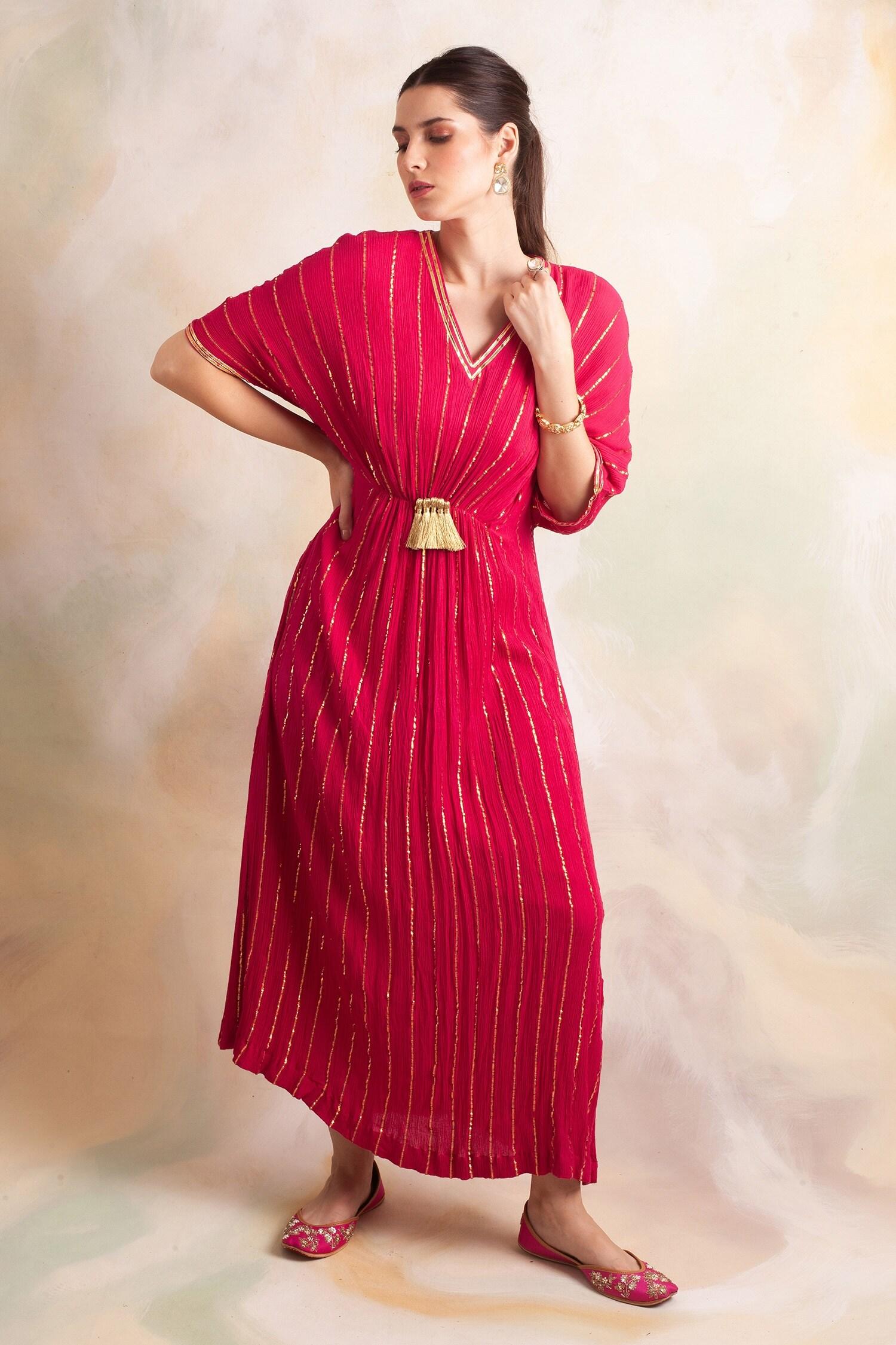 Pink Rayon Crepe Striped V Neck Kaftan - Designer Kurta Set