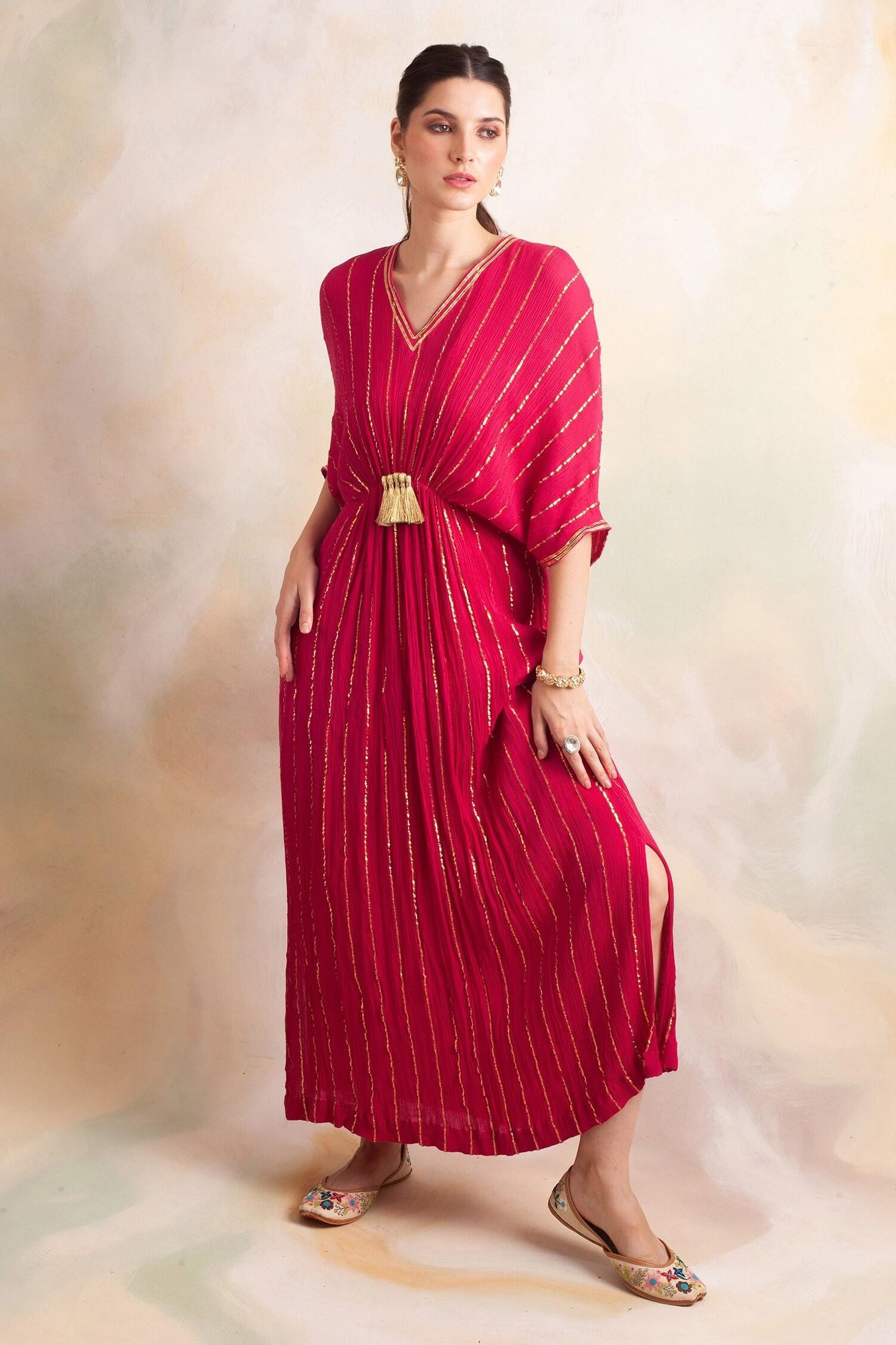 Pink Rayon Crepe Striped V Neck Kaftan - Designer Kurta Set