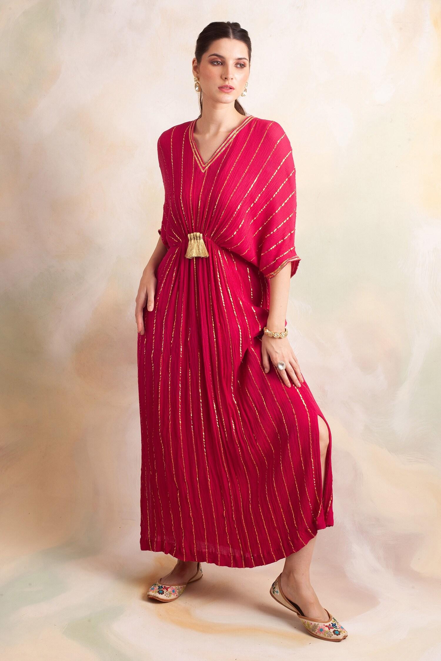 Pink Rayon Crepe Striped V Neck Kaftan - Designer Kurta Set