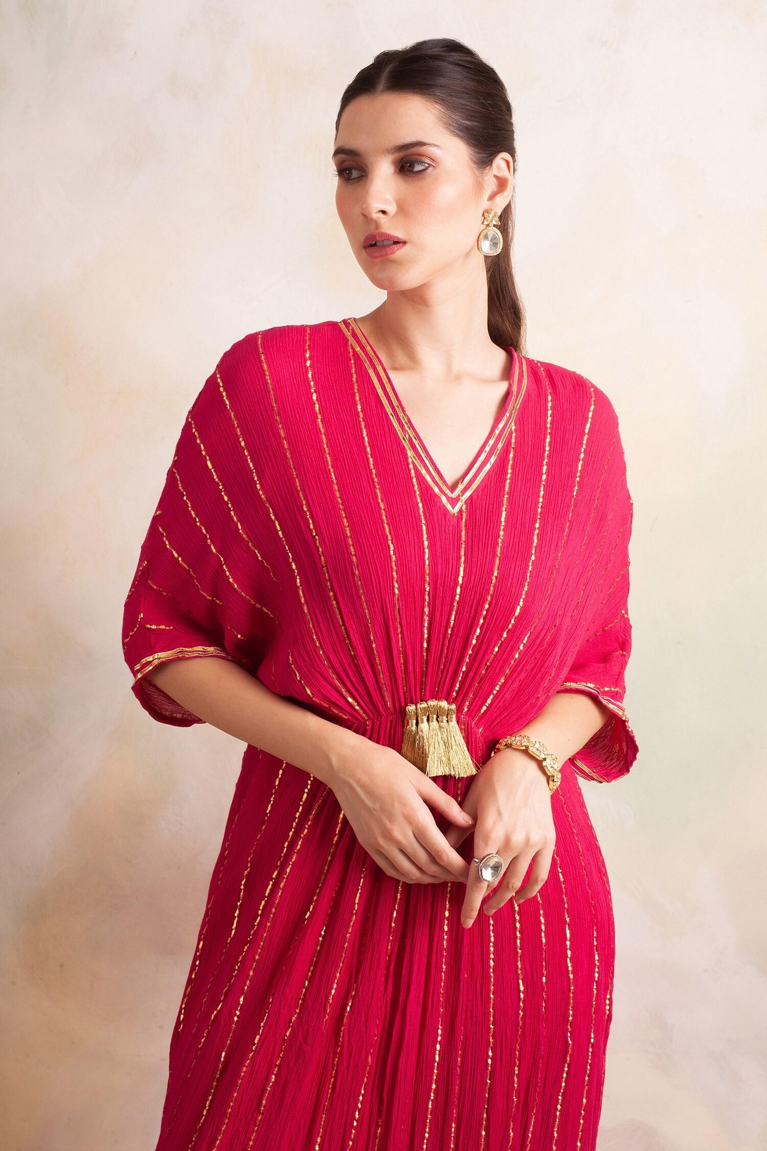 Pink Rayon Crepe Striped V Neck Kaftan - Designer Kurta Set