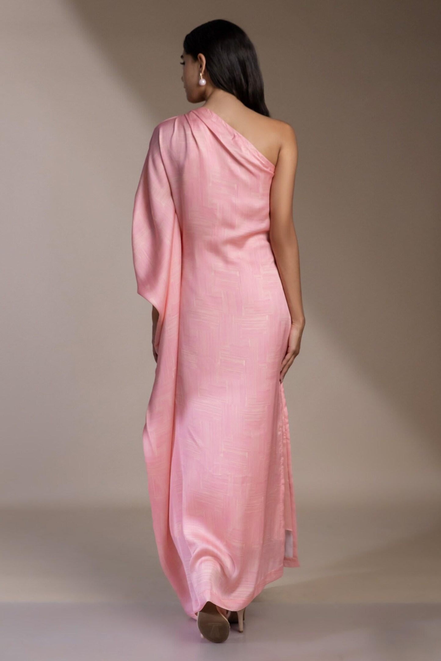 Pink Satin, Georgette One Shoulder Santorini Kaftan Dress - Designer Kurta Set