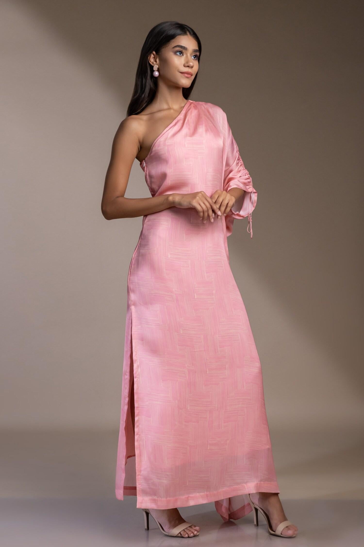Pink Satin, Georgette One Shoulder Santorini Kaftan Dress - Designer Kurta Set