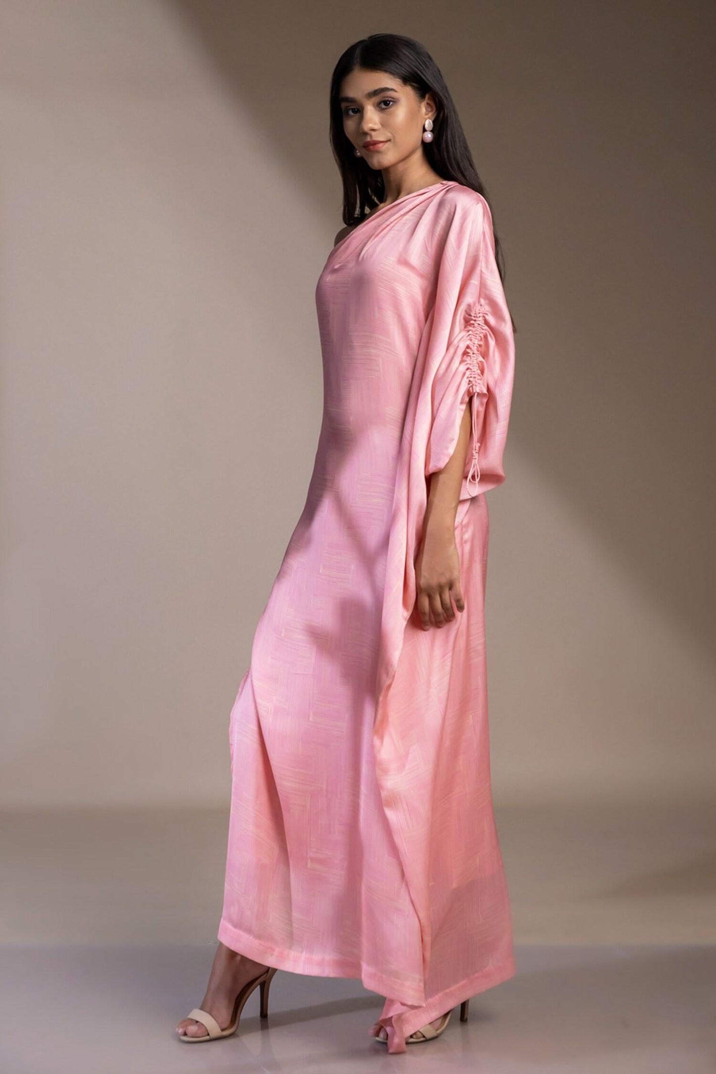 Pink Satin, Georgette One Shoulder Santorini Kaftan Dress - Designer Kurta Set