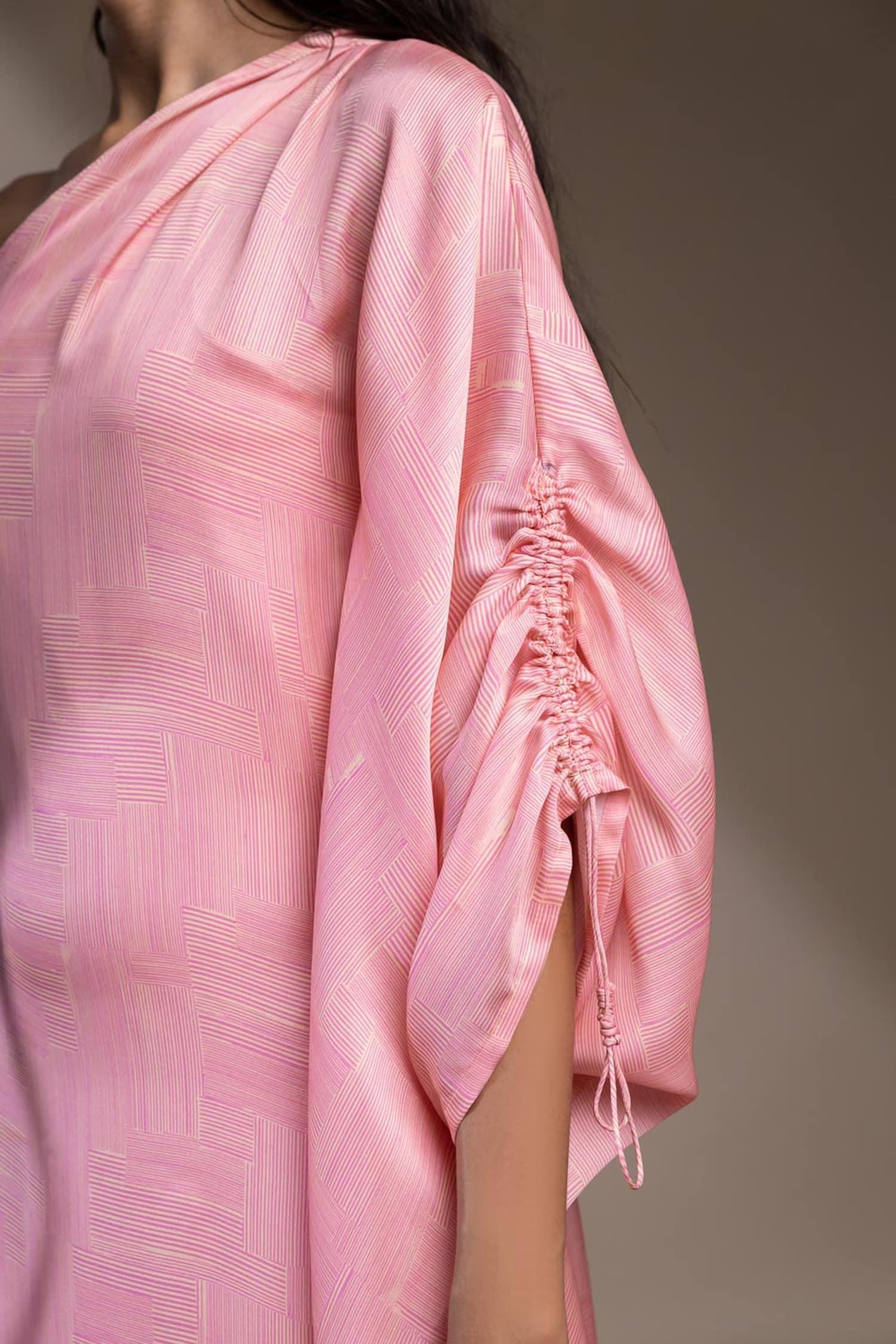 Pink Satin, Georgette One Shoulder Santorini Kaftan Dress - Designer Kurta Set