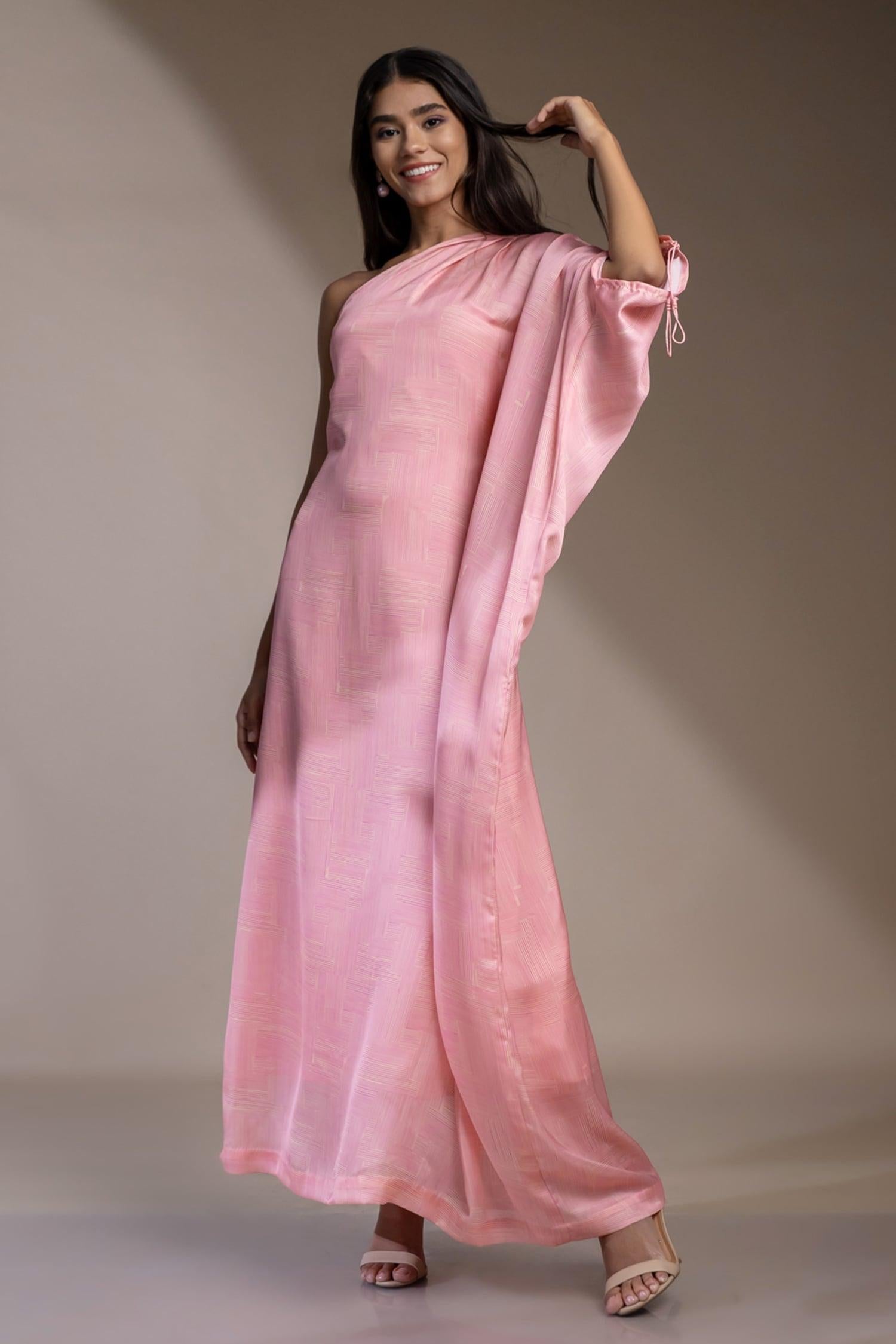 Pink Satin, Georgette One Shoulder Santorini Kaftan Dress - Designer Kurta Set