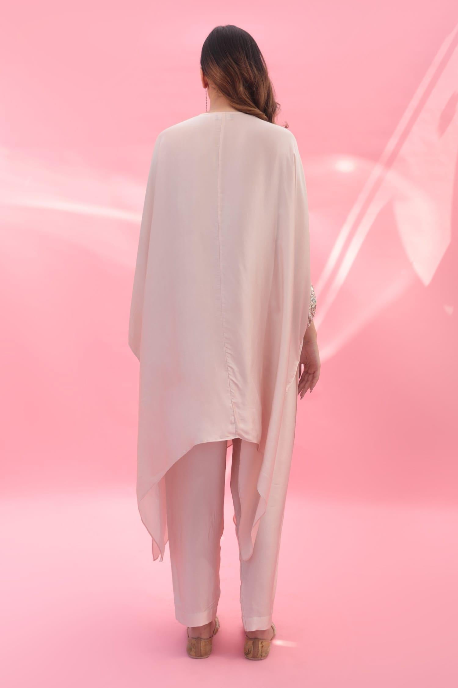 Pink Satin Sequins V-neck Mish Embroidered Kaftan With Pant - Designer Kurta Set