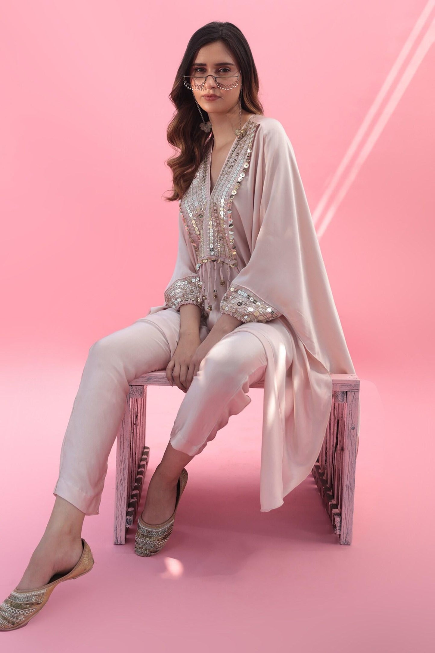 Pink Satin Sequins V-neck Mish Embroidered Kaftan With Pant - Designer Kurta Set
