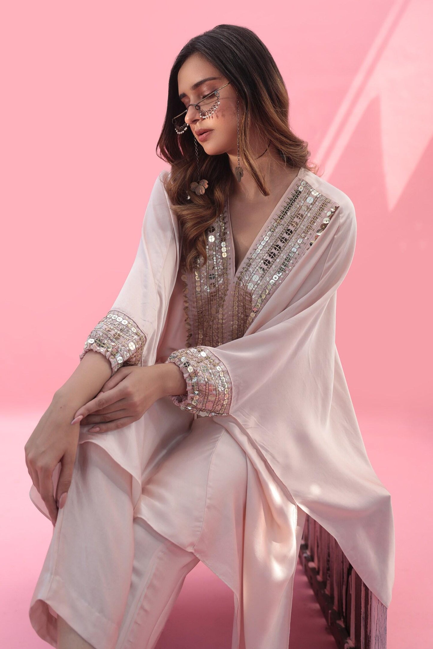 Pink Satin Sequins V-neck Mish Embroidered Kaftan With Pant - Designer Kurta Set