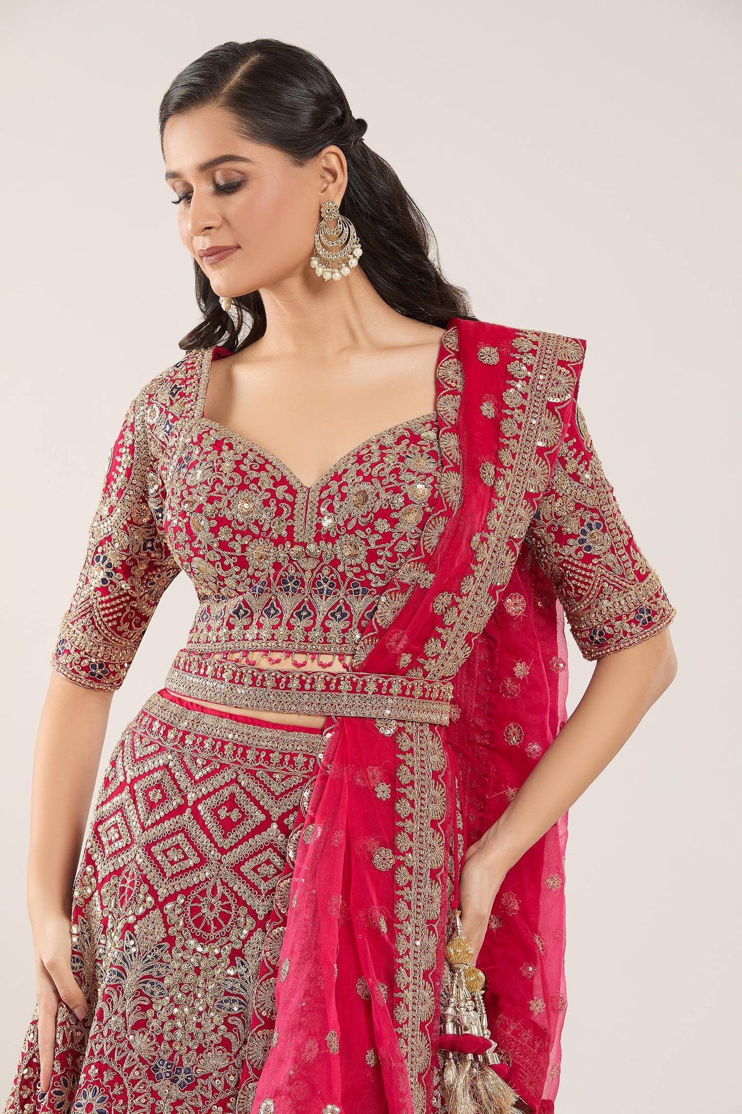 Pink Sequins, Gota Patti, Embroidery Sweetheart Botanical Bridal Lehenga Set - Designer Kurta Set