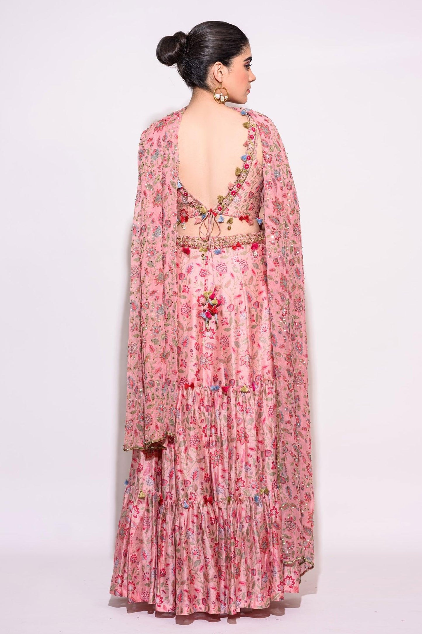 Pink Silk And Chiffon Quilting & Embroidery Thread Work & Floral Print Lehenga Set - Designer Kurta Set