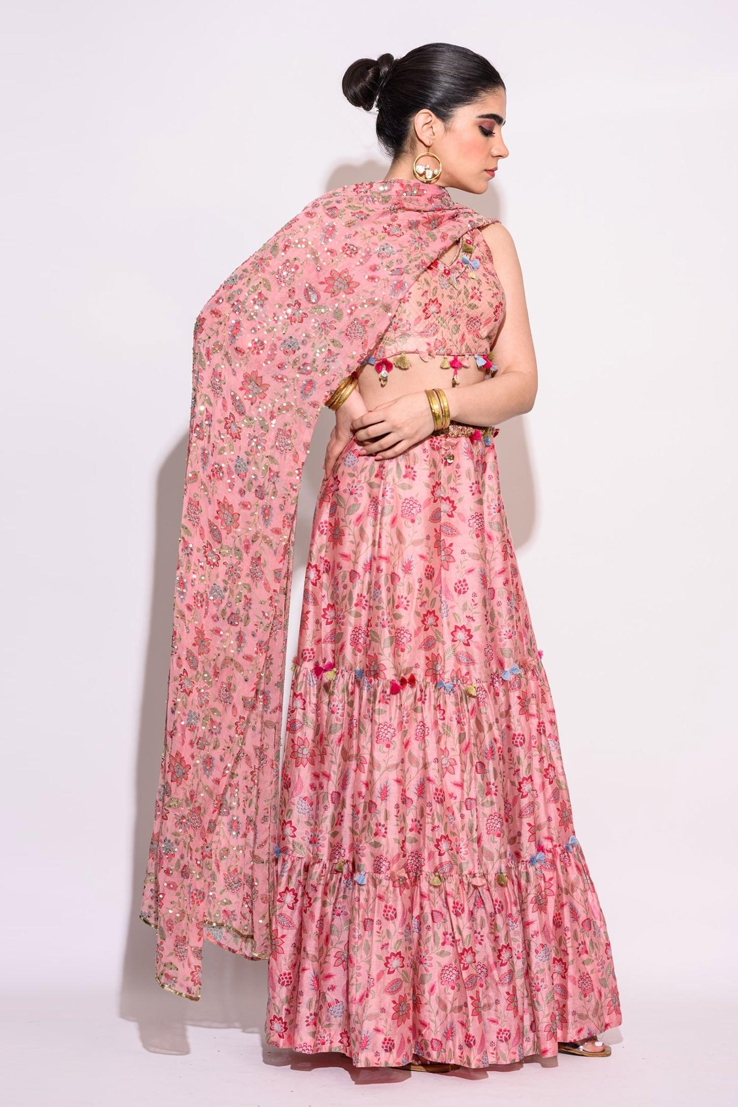 Pink Silk And Chiffon Quilting & Embroidery Thread Work & Floral Print Lehenga Set - Designer Kurta Set