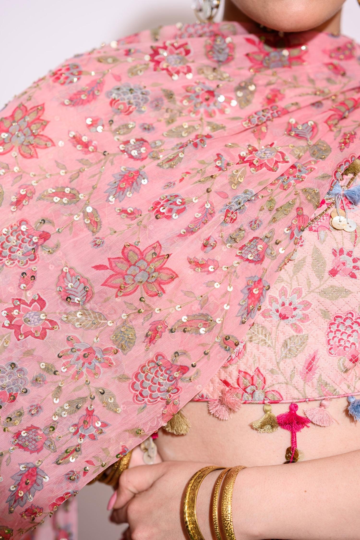 Pink Silk And Chiffon Quilting & Embroidery Thread Work & Floral Print Lehenga Set - Designer Kurta Set
