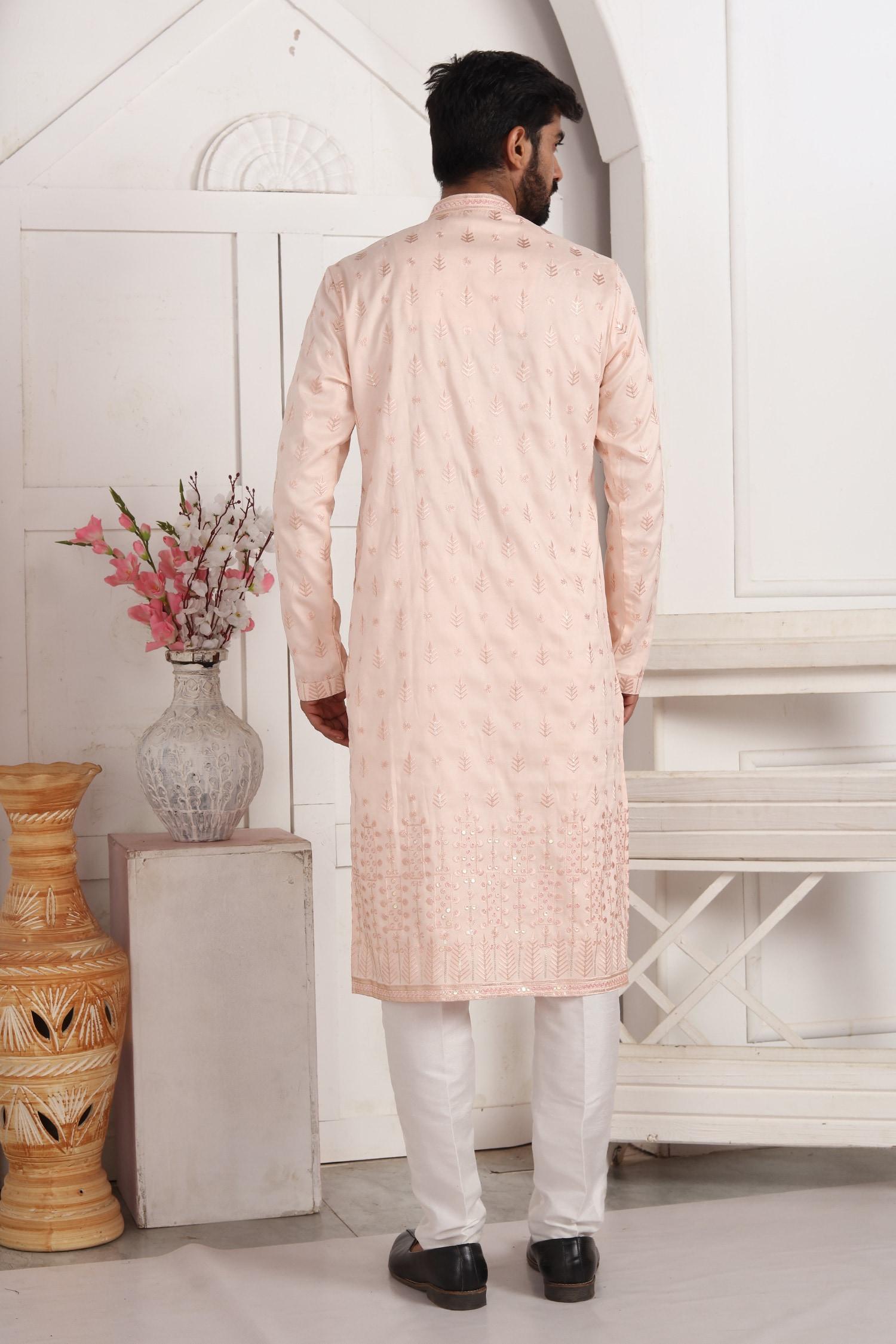Kurta And Aligadhi Pant Set Pink Silk Embroidery Straight