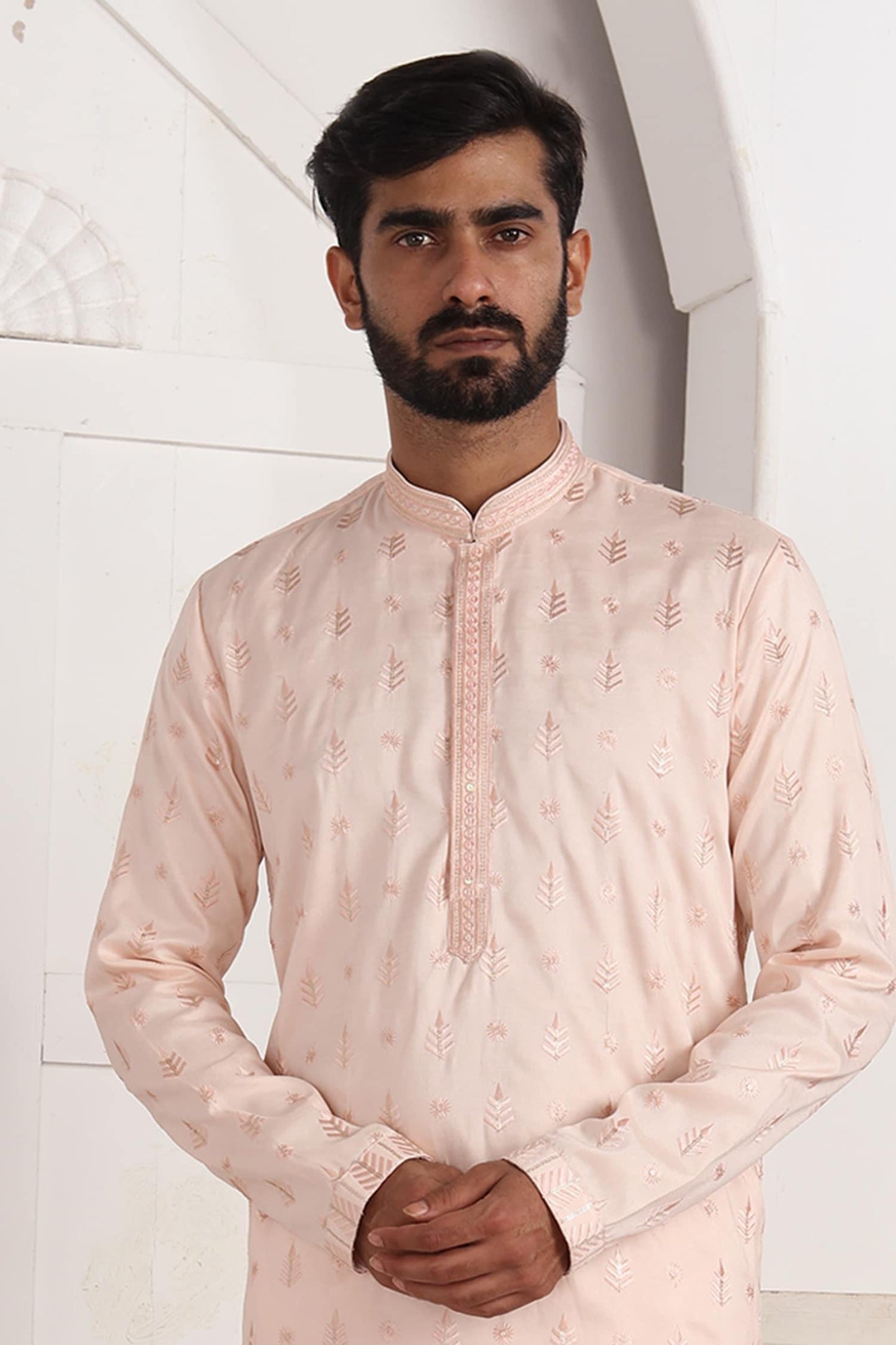 Kurta And Aligadhi Pant Set Pink Silk Embroidery Straight