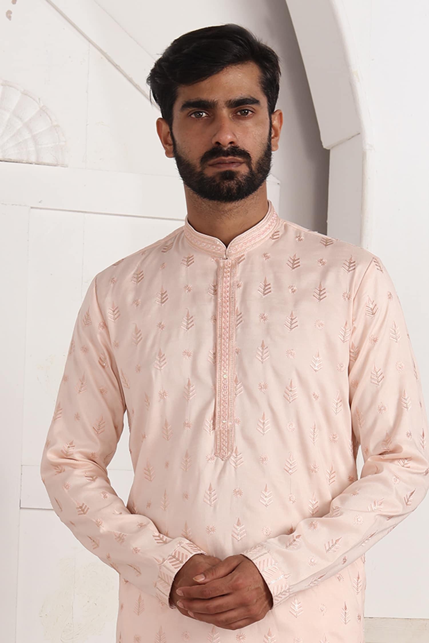 Kurta And Aligadhi Pant Set Pink Silk Embroidery Straight