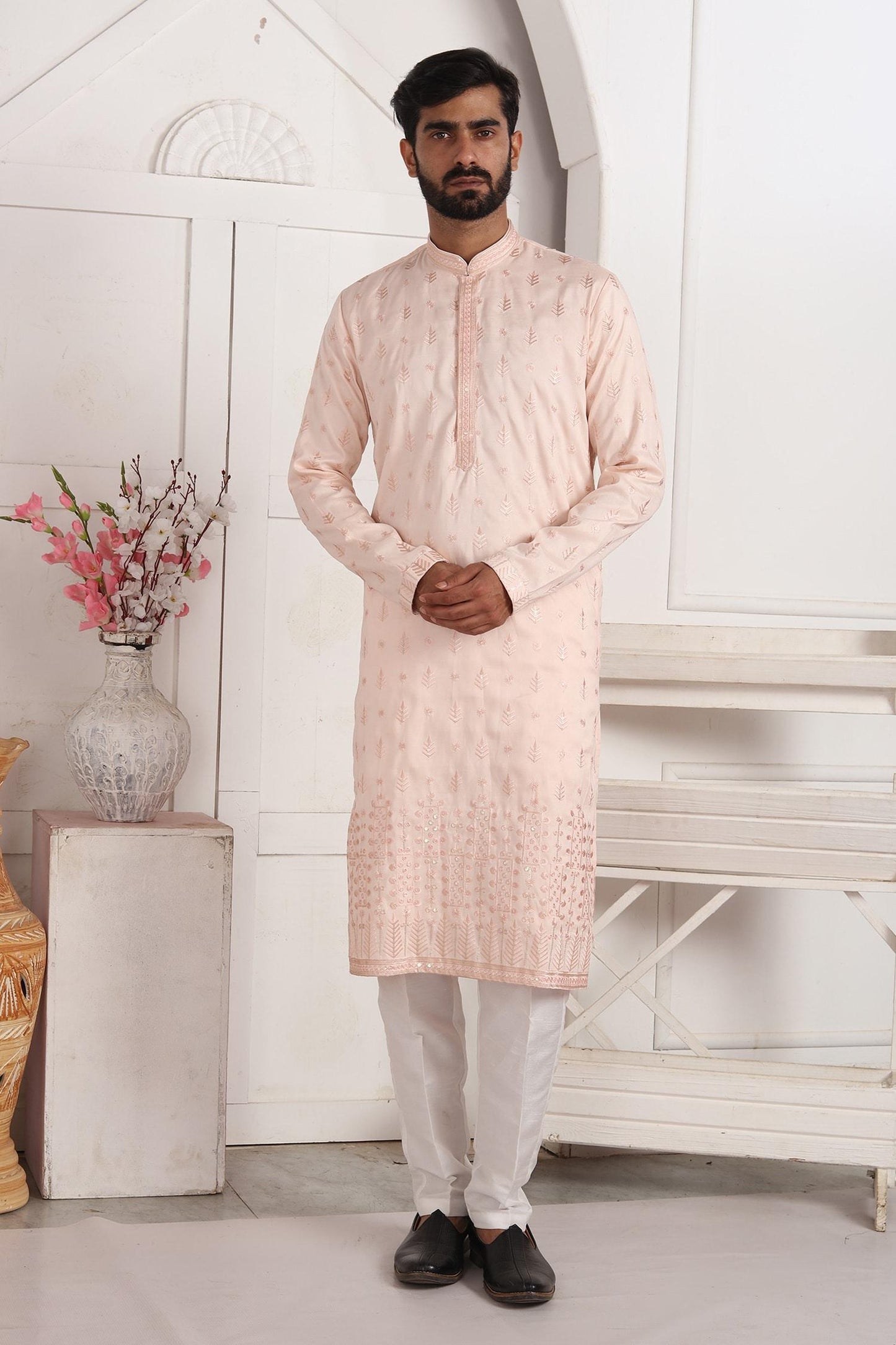 Kurta And Aligadhi Pant Set Pink Silk Embroidery Straight