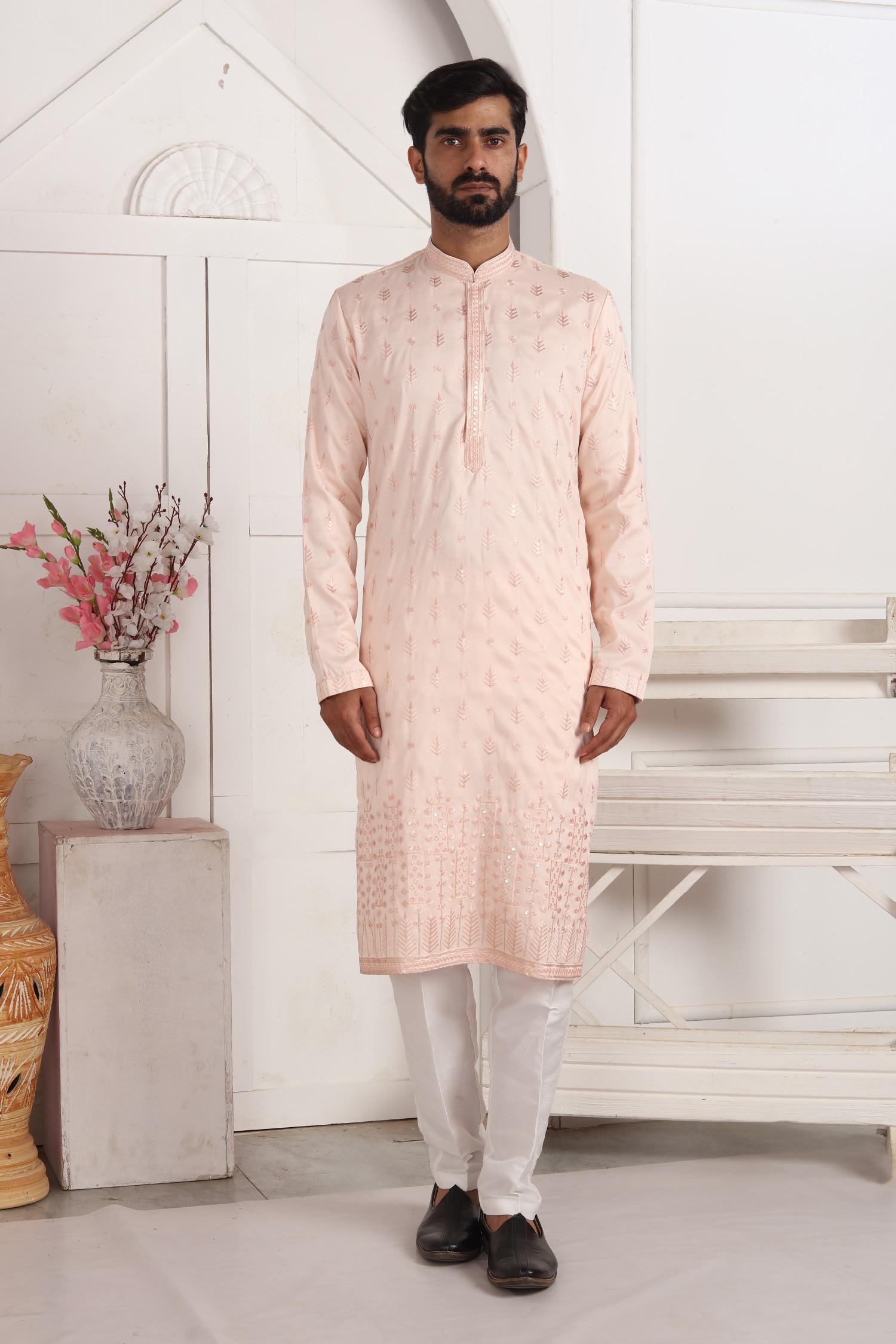Kurta And Aligadhi Pant Set Pink Silk Embroidery Straight