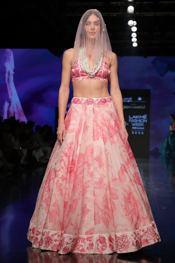 Pink Silk, Organza Floral V Neck Print Bridal Lehenga Set - Designer Kurta Set