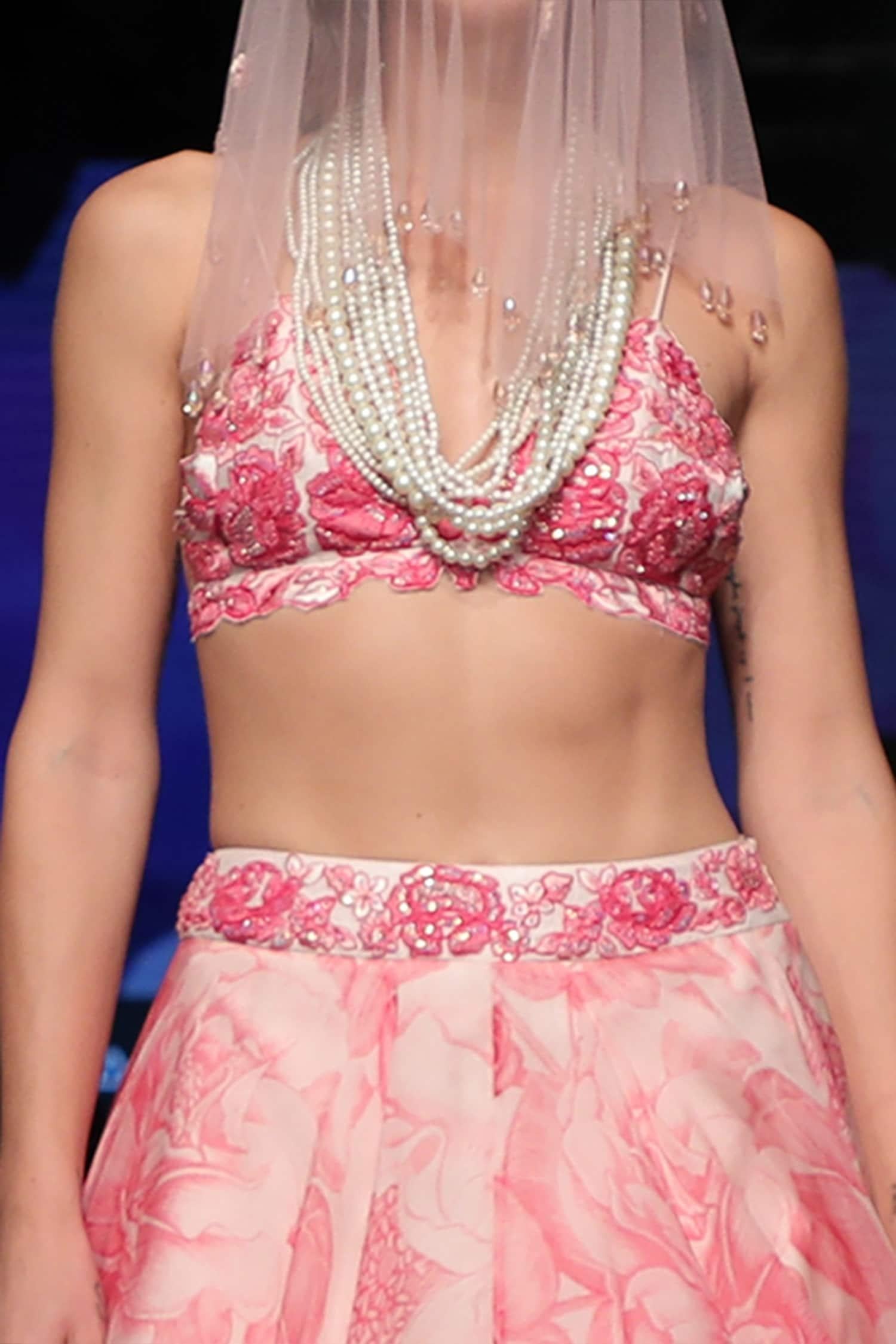 Pink Silk, Organza Floral V Neck Print Bridal Lehenga Set - Designer Kurta Set