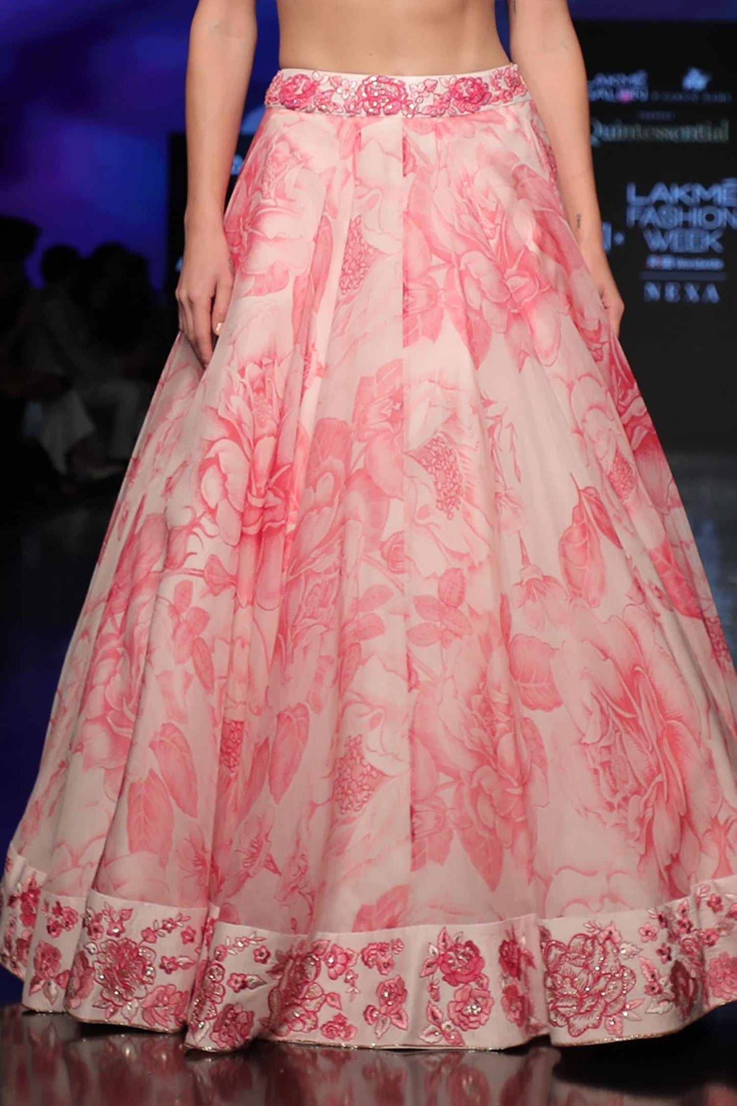 Pink Silk, Organza Floral V Neck Print Bridal Lehenga Set - Designer Kurta Set