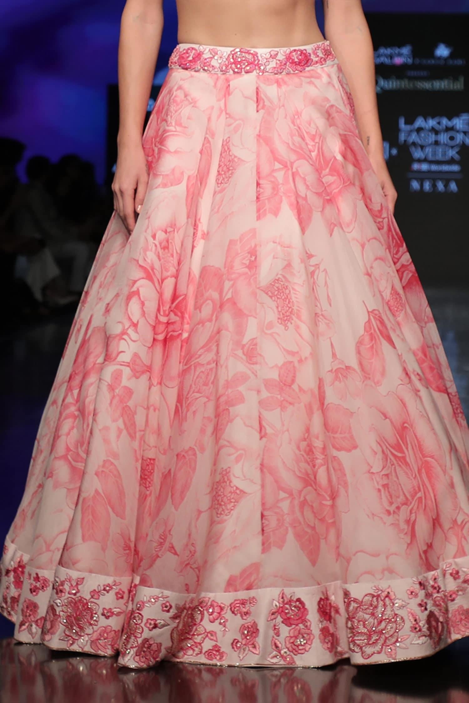 Pink Silk, Organza Floral V Neck Print Bridal Lehenga Set - Designer Kurta Set