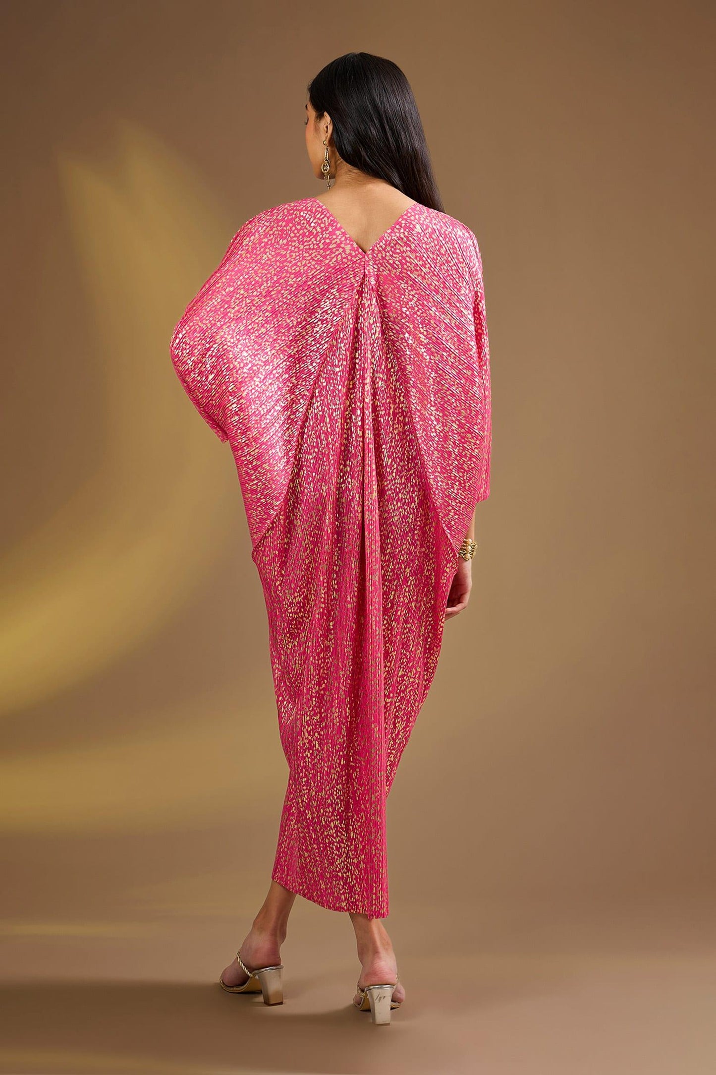 Pink Silk V-neck Hot Metallic Gold Aurora Kaftan - Designer Kurta Set