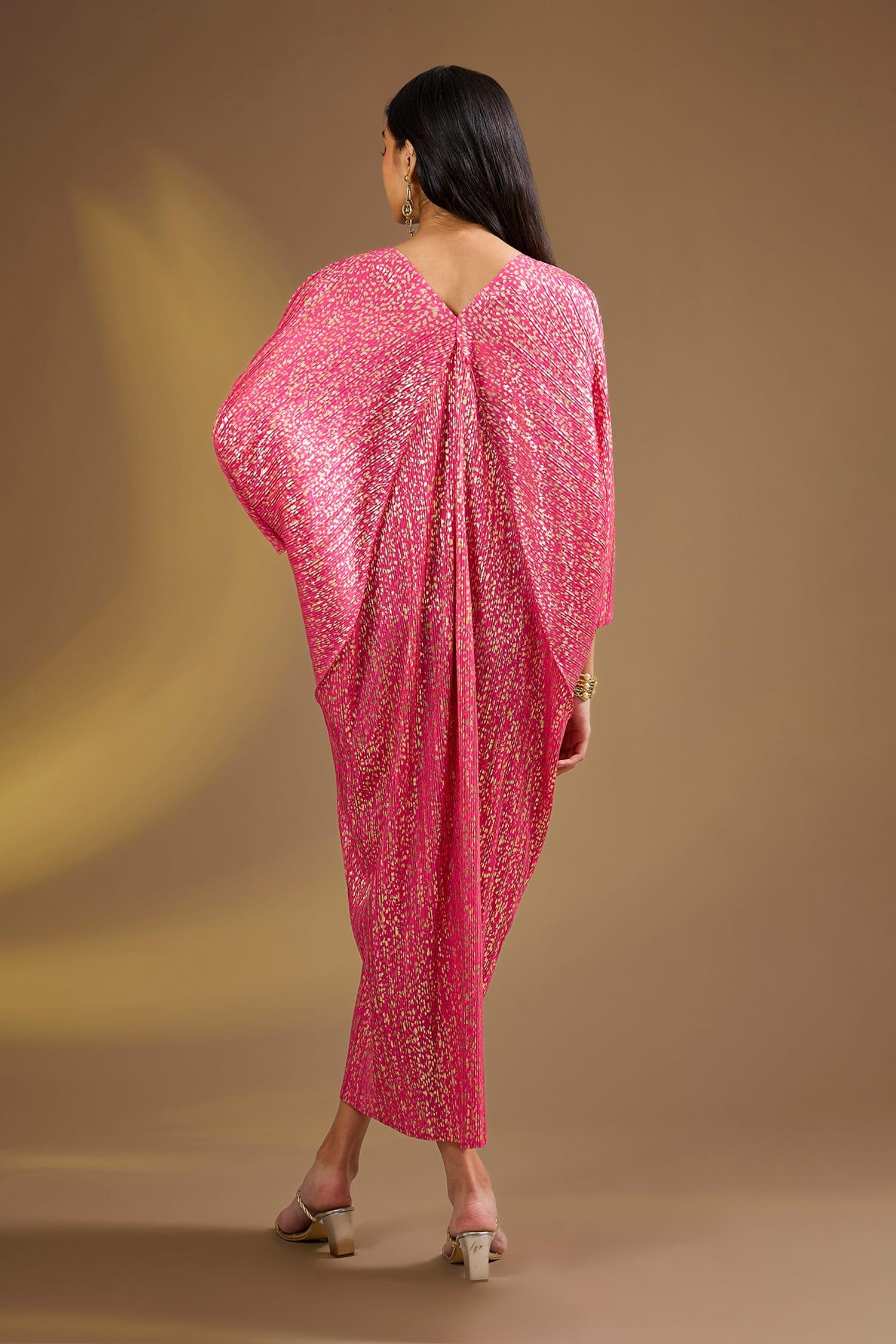 Pink Silk V-neck Hot Metallic Gold Aurora Kaftan - Designer Kurta Set