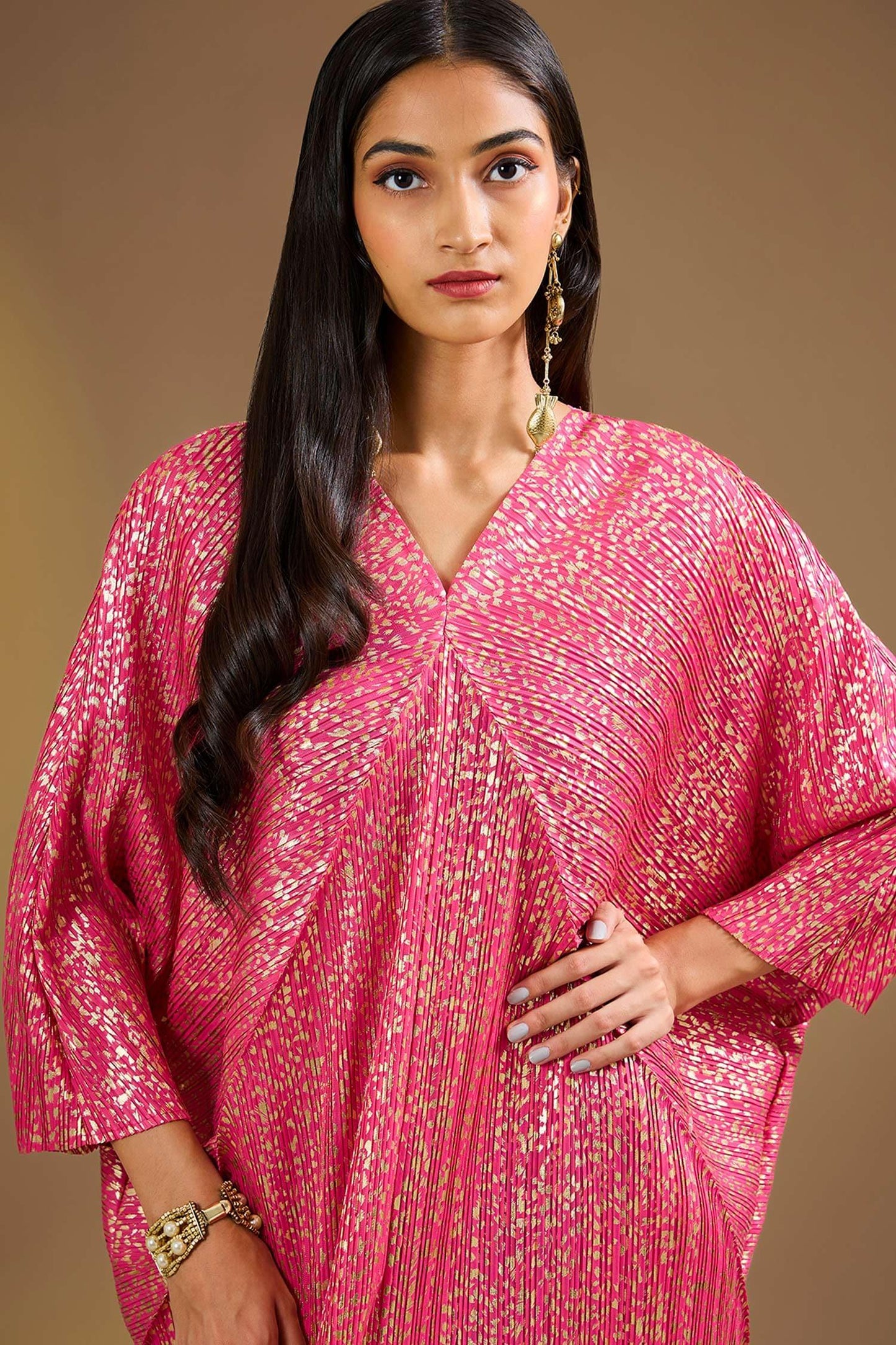 Pink Silk V-neck Hot Metallic Gold Aurora Kaftan - Designer Kurta Set