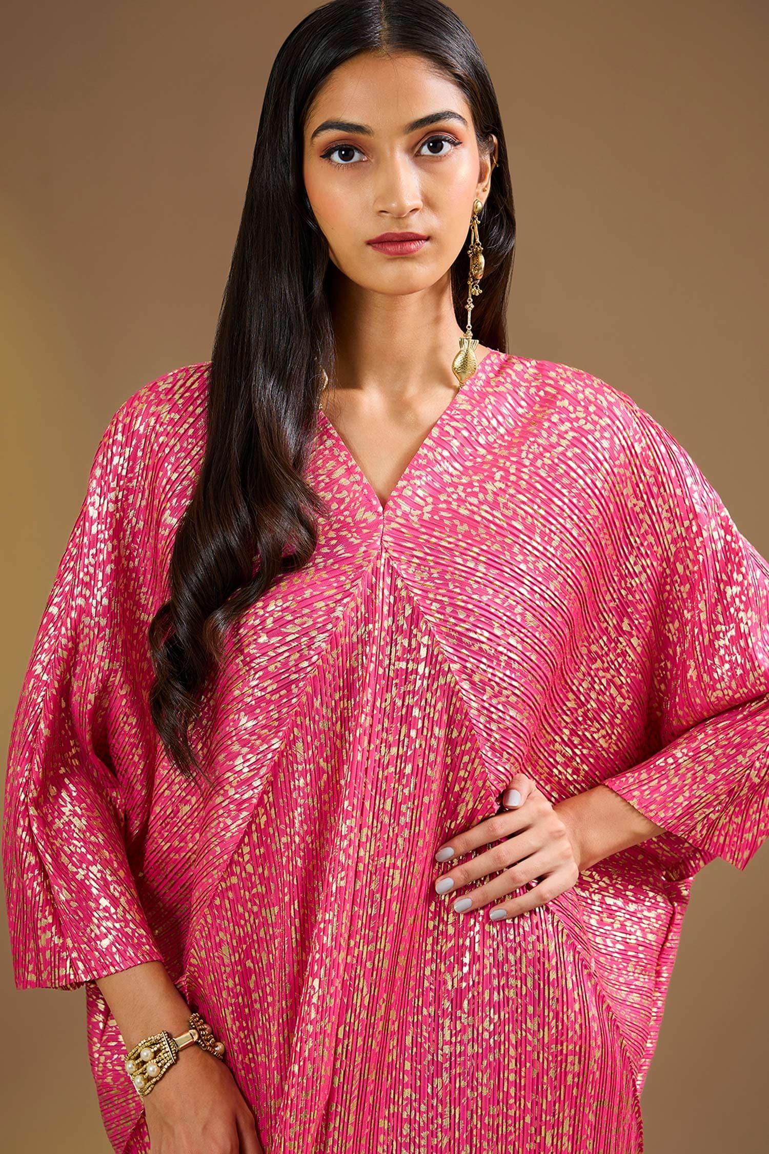 Pink Silk V-neck Hot Metallic Gold Aurora Kaftan - Designer Kurta Set