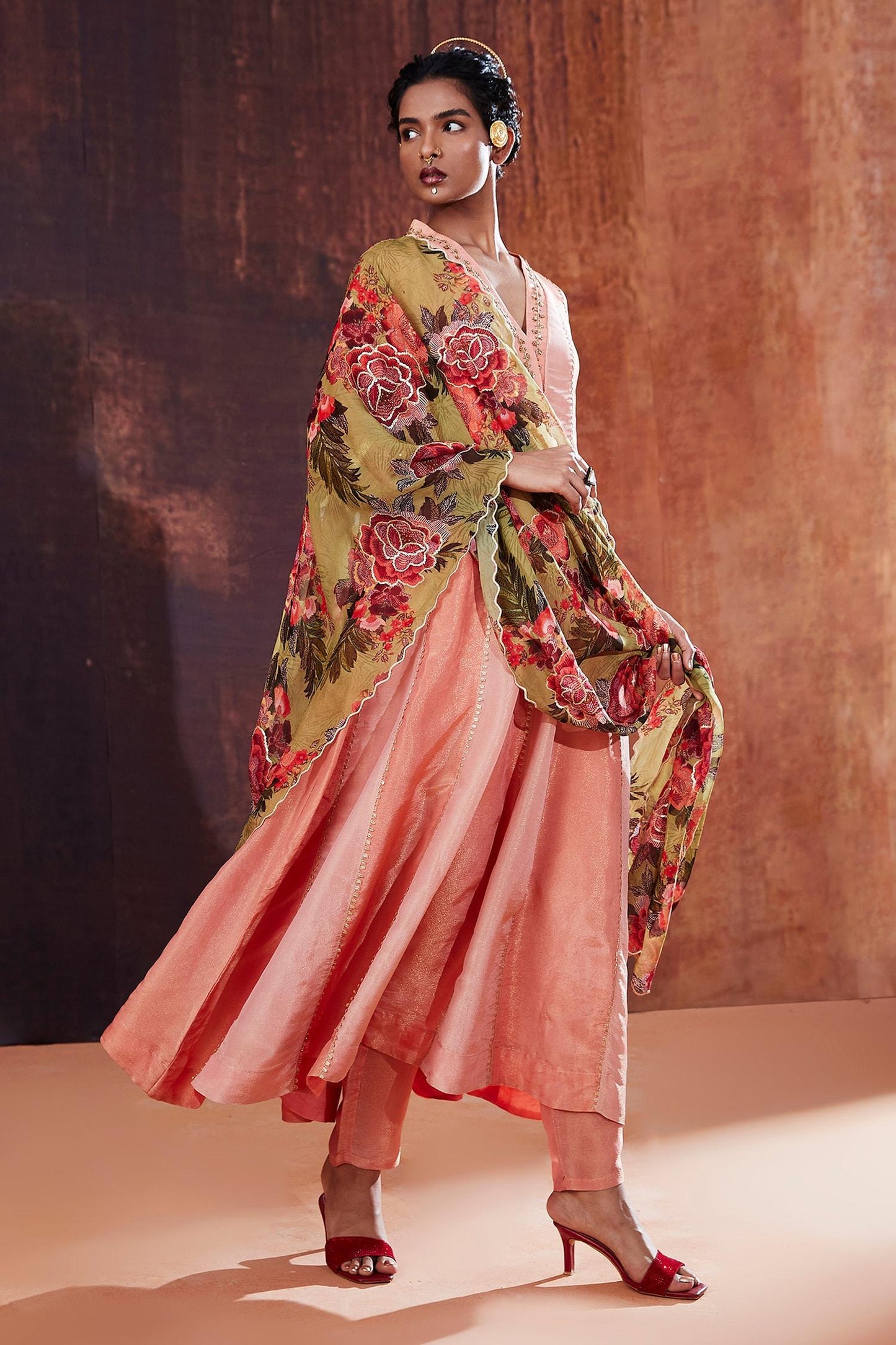 Pink Tissue, Silk Beads, Sequins, Embroidery Floral Neckline Anarkali Set - Designer Kurta Set