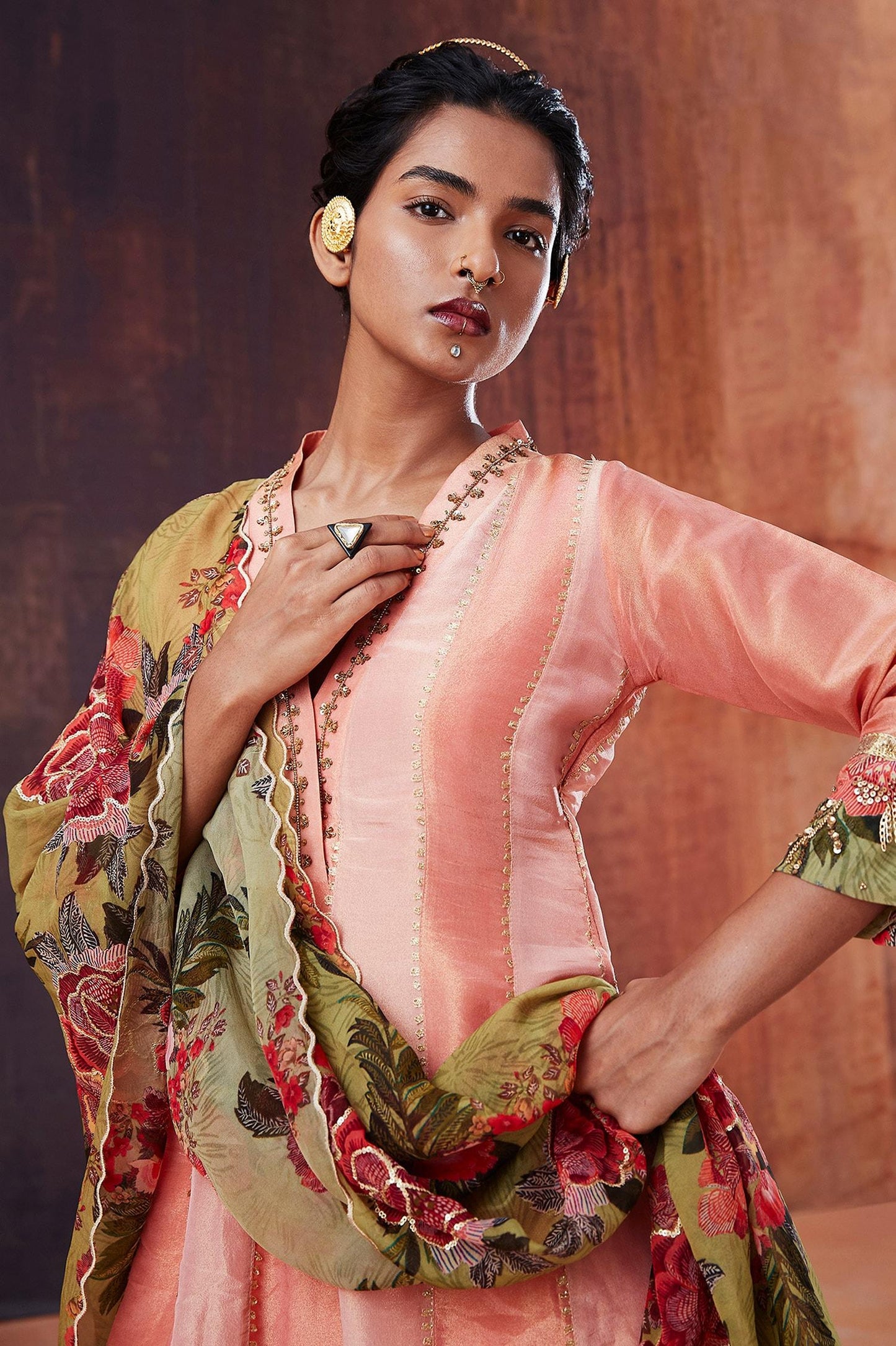 Pink Tissue, Silk Beads, Sequins, Embroidery Floral Neckline Anarkali Set - Designer Kurta Set