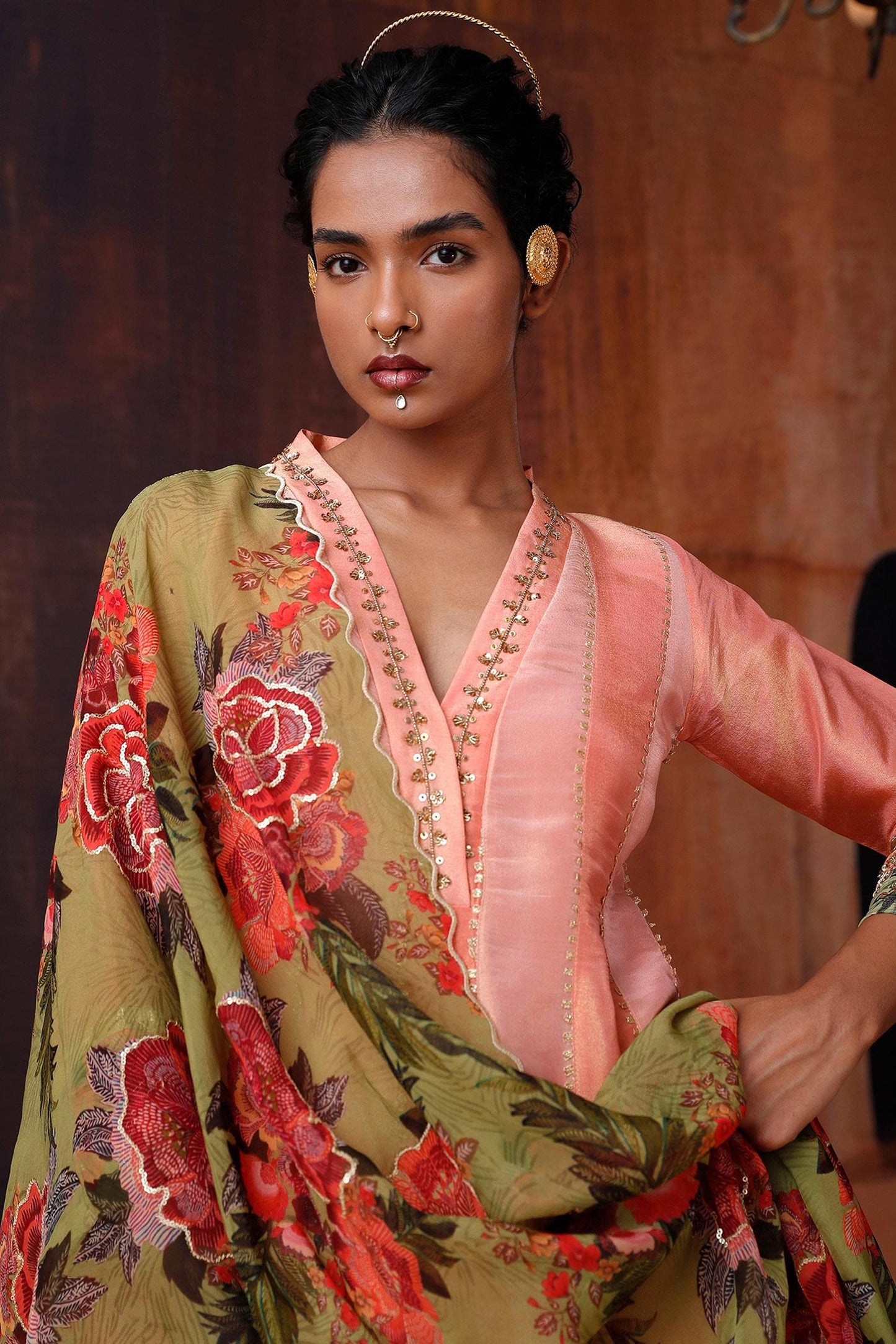Pink Tissue, Silk Beads, Sequins, Embroidery Floral Neckline Anarkali Set - Designer Kurta Set