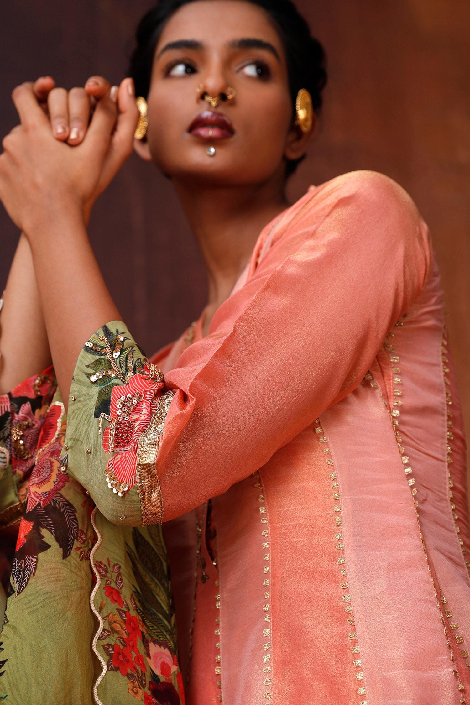 Pink Tissue, Silk Beads, Sequins, Embroidery Floral Neckline Anarkali Set - Designer Kurta Set