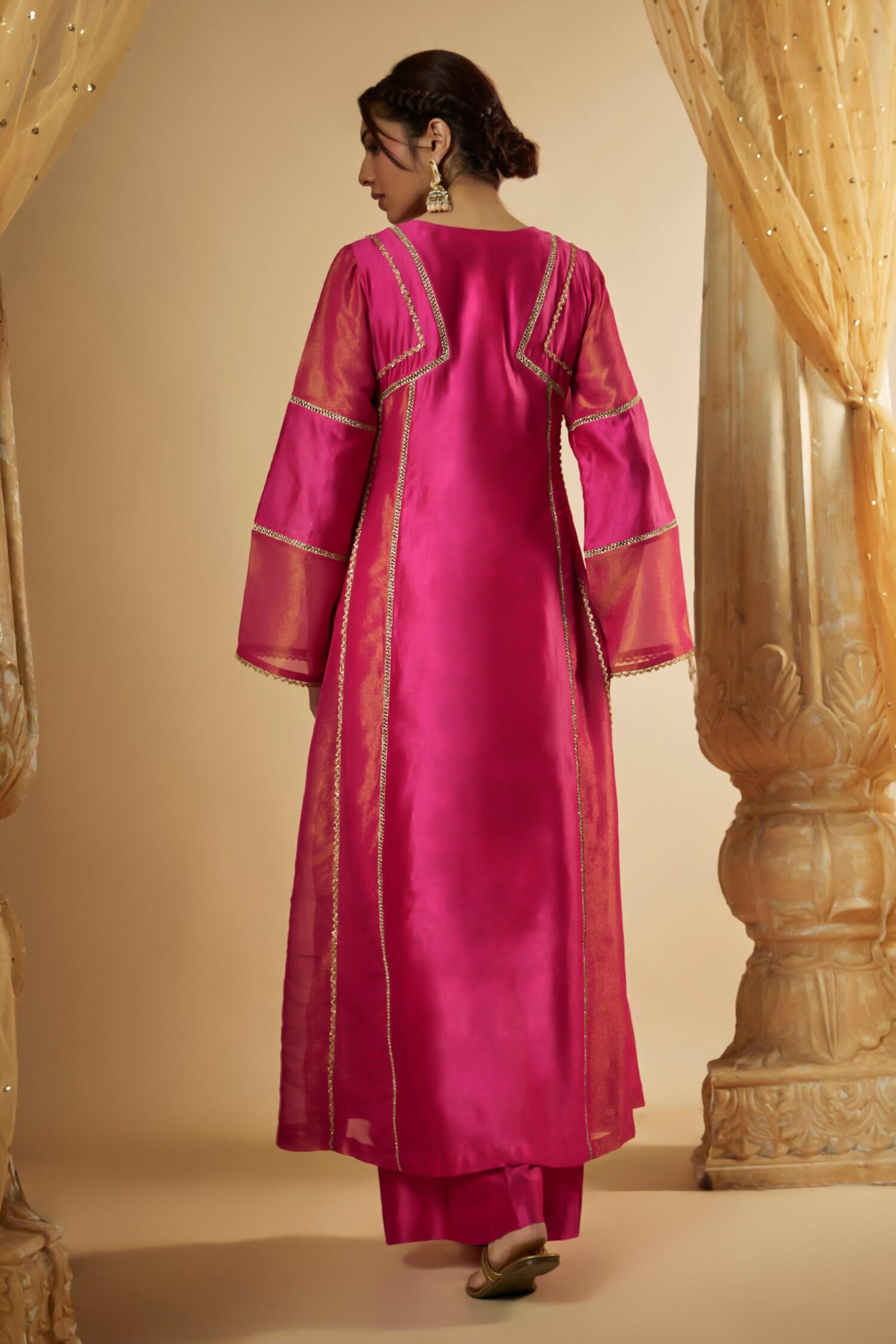 Pink Viscose, Chanderi Silk, Organza, Embellished Anarkali And Palazzo Set - Designer Kurta Set