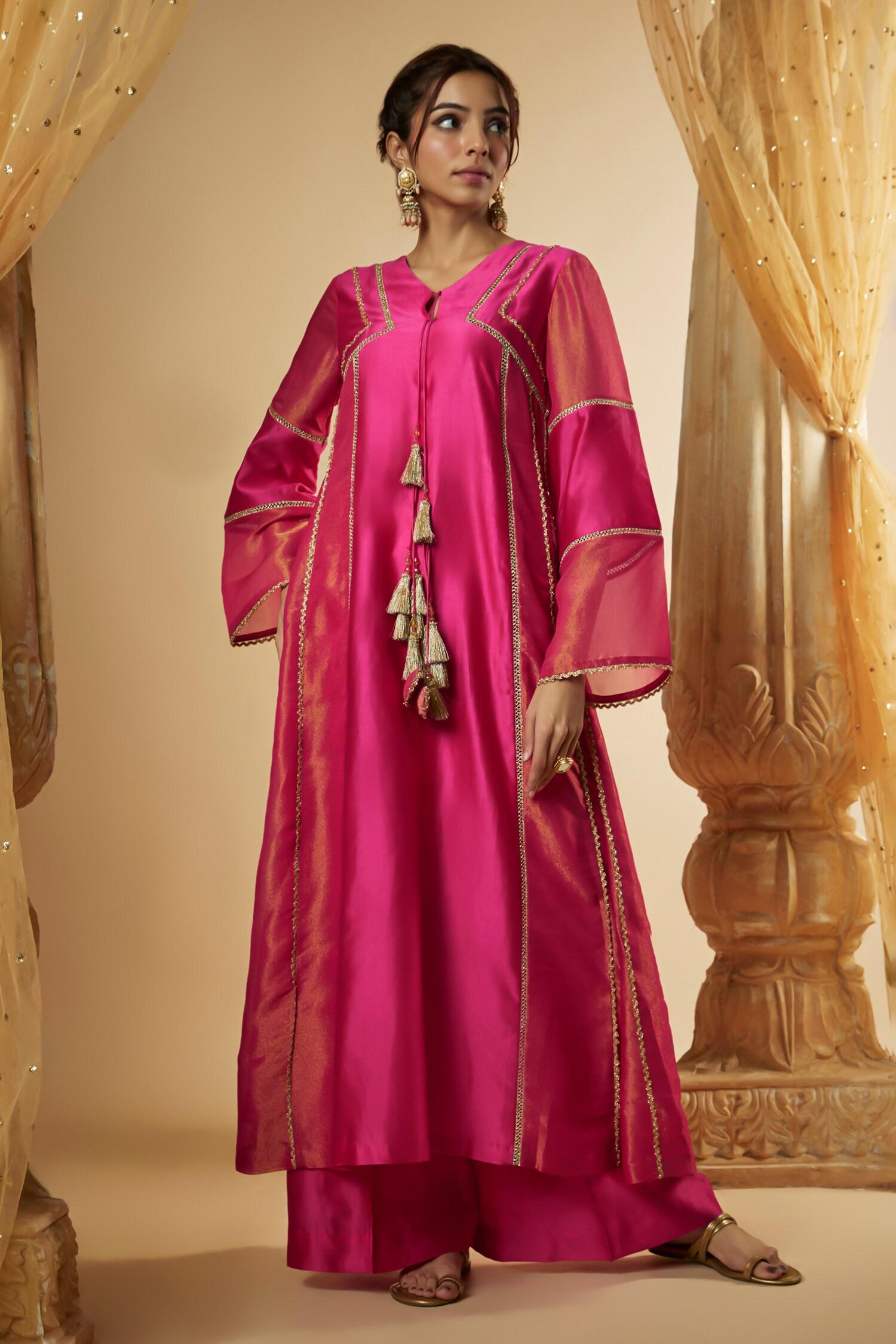 Pink Viscose, Chanderi Silk, Organza, Embellished Anarkali And Palazzo Set - Designer Kurta Set