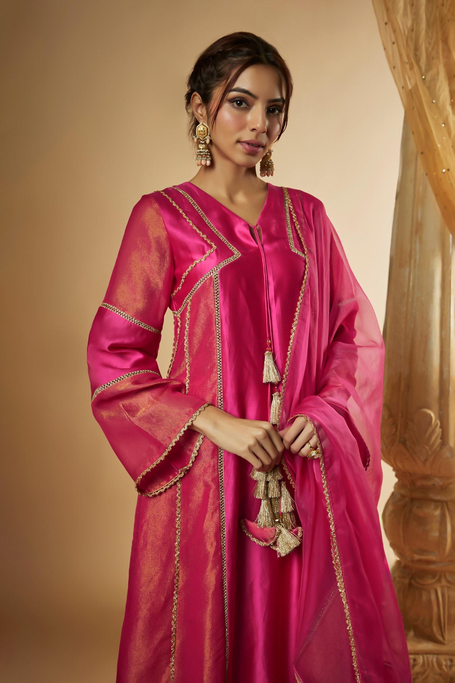 Pink Viscose, Chanderi Silk, Organza, Embellished Anarkali And Palazzo Set - Designer Kurta Set