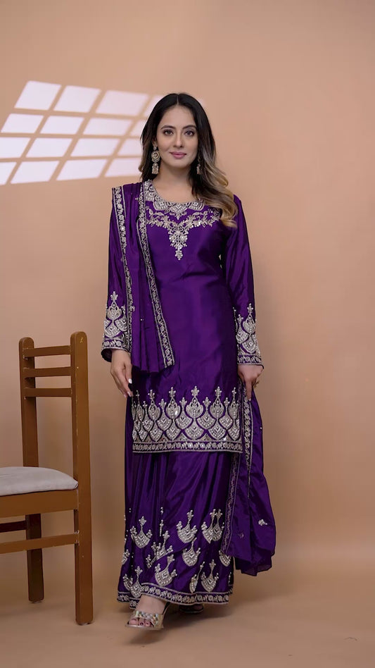 Designer Embroidered Chinon Sharara Suit With  Coding Sequence Embroidered Work And Rivet Moti Work
