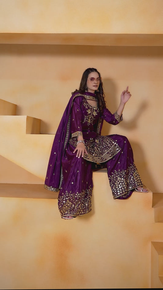 Designer Embroidered Chinon Sharara Suit With Sequence Embroidered Work