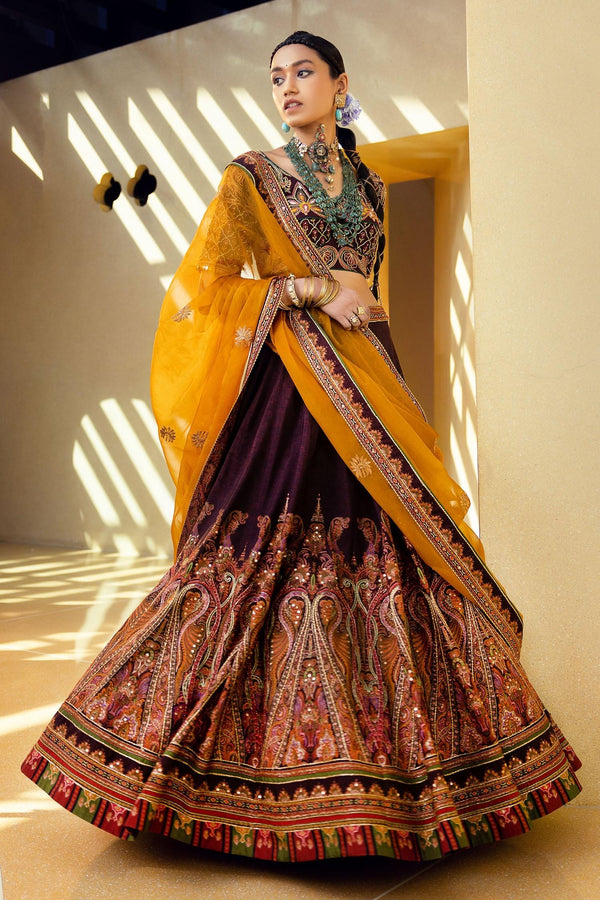 Purple Blouse And Lehenga Skirt Natural Silk, Mehjabeen Embroidered Bridal Set - Designer Kurta Set