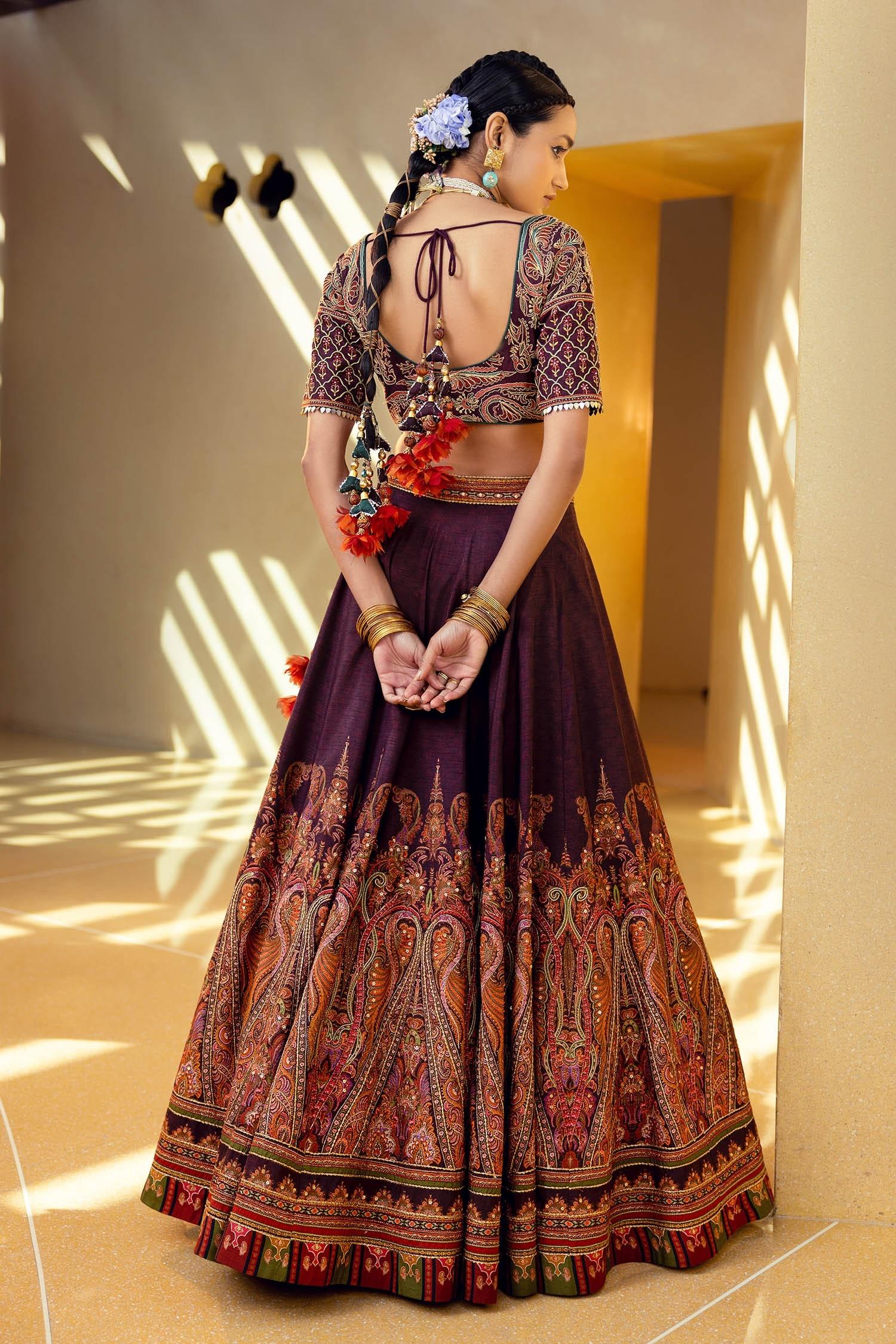 Purple Blouse And Lehenga Skirt Natural Silk, Mehjabeen Embroidered Bridal Set - Designer Kurta Set