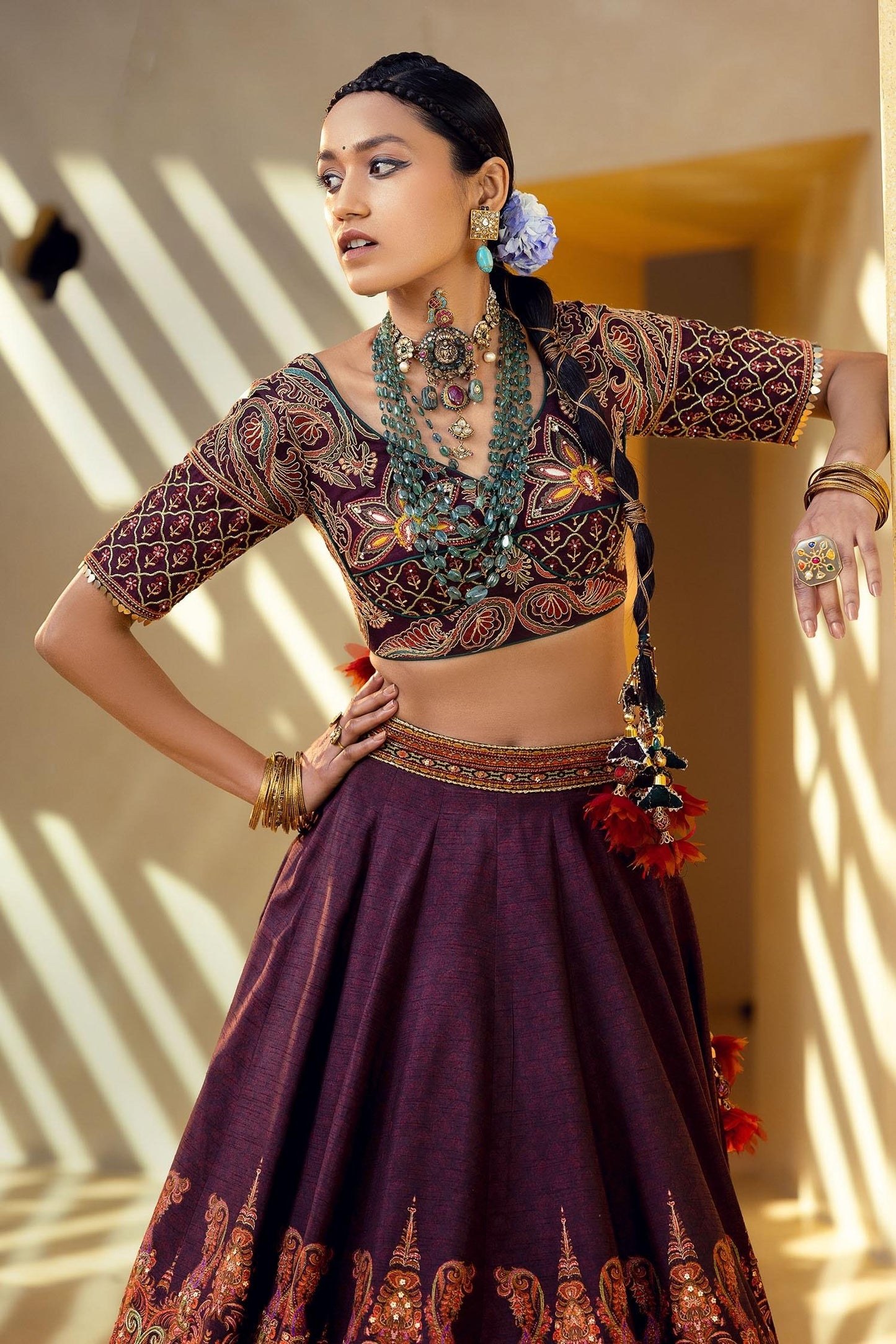 Purple Blouse And Lehenga Skirt Natural Silk, Mehjabeen Embroidered Bridal Set - Designer Kurta Set