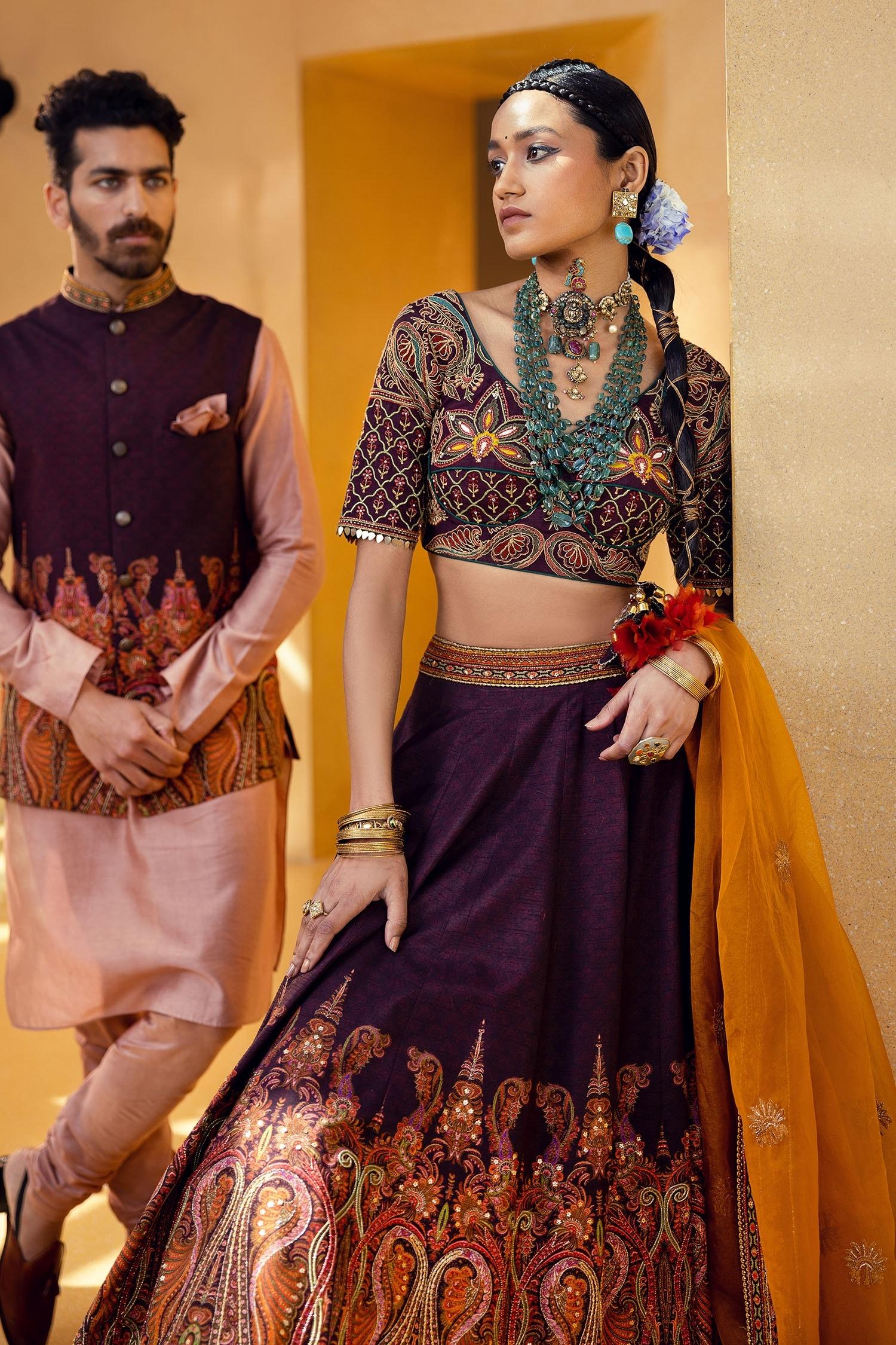 Purple Blouse And Lehenga Skirt Natural Silk, Mehjabeen Embroidered Bridal Set - Designer Kurta Set